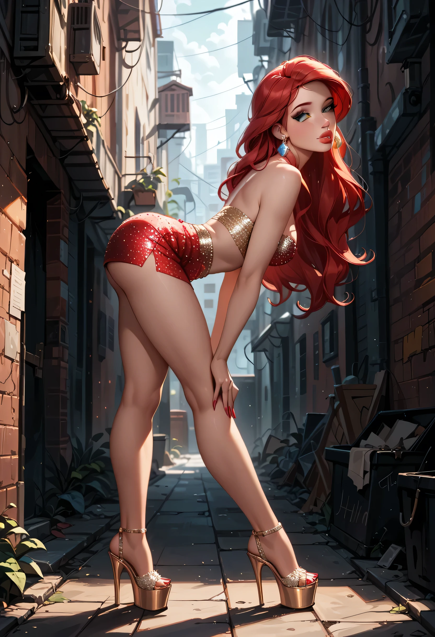 score_9, score_8_up, score_7_up, 1girl, solo, very sexy (ariel, red hair, very sexy minidress, fashion model, wedge:1.3), flirt, gaze, sexy look, half-closed eyes, head tilt, filled lips, thick lips, makeup, face down, ass up, side view, (full bodies in view) expressiveh d4rk01l, perfect hands, perfect proportions, dark alley background, highly detailed, (ultra-detailed), (best illustration), (best shadow), (absurdres), (very aesthetic), (4k, intricate), (detailed face:1.2), dark alley background