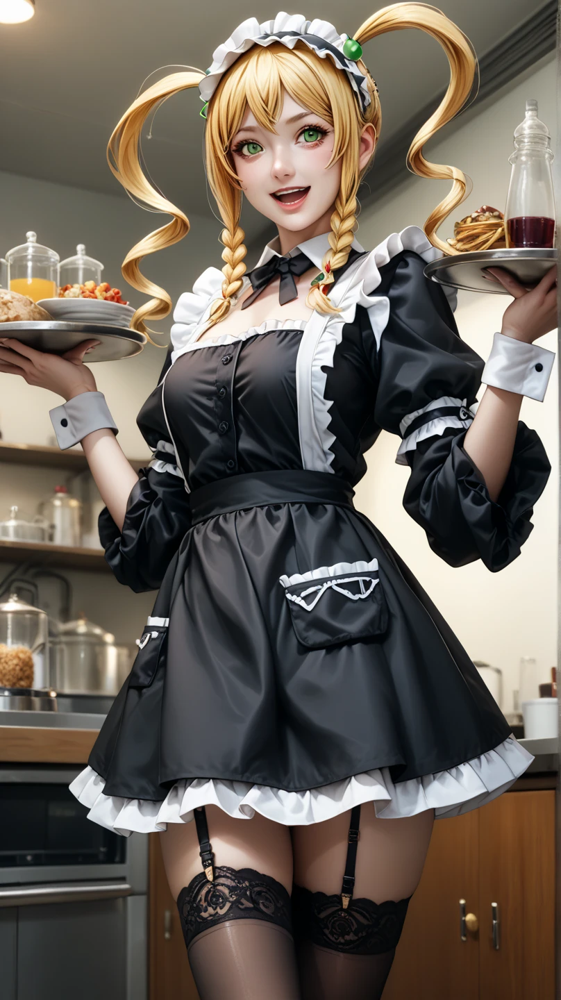 a beautiful girl,blonde pigtail hair,(((looking at the viewer))),standing,blush face,(Very Detailed: 1.3),ultra realistic,HDR,(High Dynamic Range),8K RAW,(((1GIRL))),(((wearing maid dress))),(((black background))),masterpiece,best quality,perfect proportions