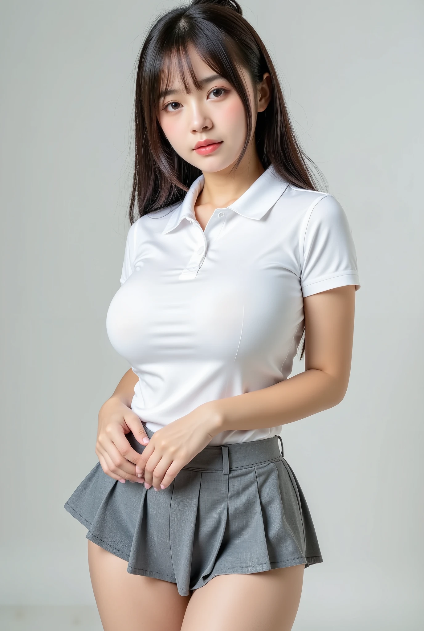  Japanese woman、 、 ponytail、 skinny、 skinny、 Japanese high school girl uniforms、 white polo shirt、 very big breasts、Big Breasts、 gray miniskirt