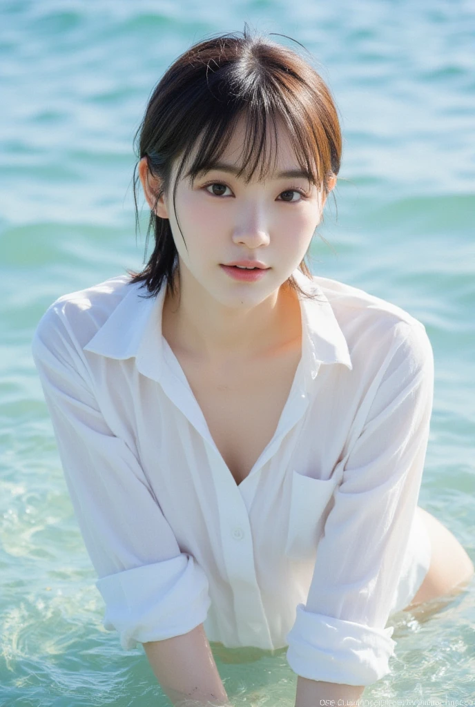 (((8k、Highest quality、masterpiece、Ultra-high resolution)))、(Realistic:1.4)、RAW Photos、(Realistic skin texture:1.3)、(Film Grain:1.3)、((One Girl、Beautiful and detailed eyes, Face and skin texture、naked足))、Cute Japanese Woman、Beach、A strong wind is blowing、Her hair and skirt are flying、(((On all fours, Crawl)))、Pleated skirt、((naked:1.35))、splash、Sandy Beach、Light of the sun、clear blue sea、The waves crash quietly、Blue sky and white clouds、Beautiful Nature、(((Open blouse:1.33)))、((No underwear、Raise one leg))、