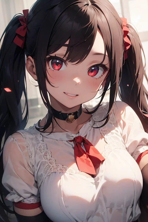 (masterpiece, best quality:1.4), 8k, Close Up, black Hair, Twintail Hair, Red Hair Ribbons, Young adult, anime girl, Happy, Teasing, light Red Eyes butterfly pupils, Big Chest, Black casual Dress, (detailed eyes and face, sharp pupils, realistic pupils:0.6)