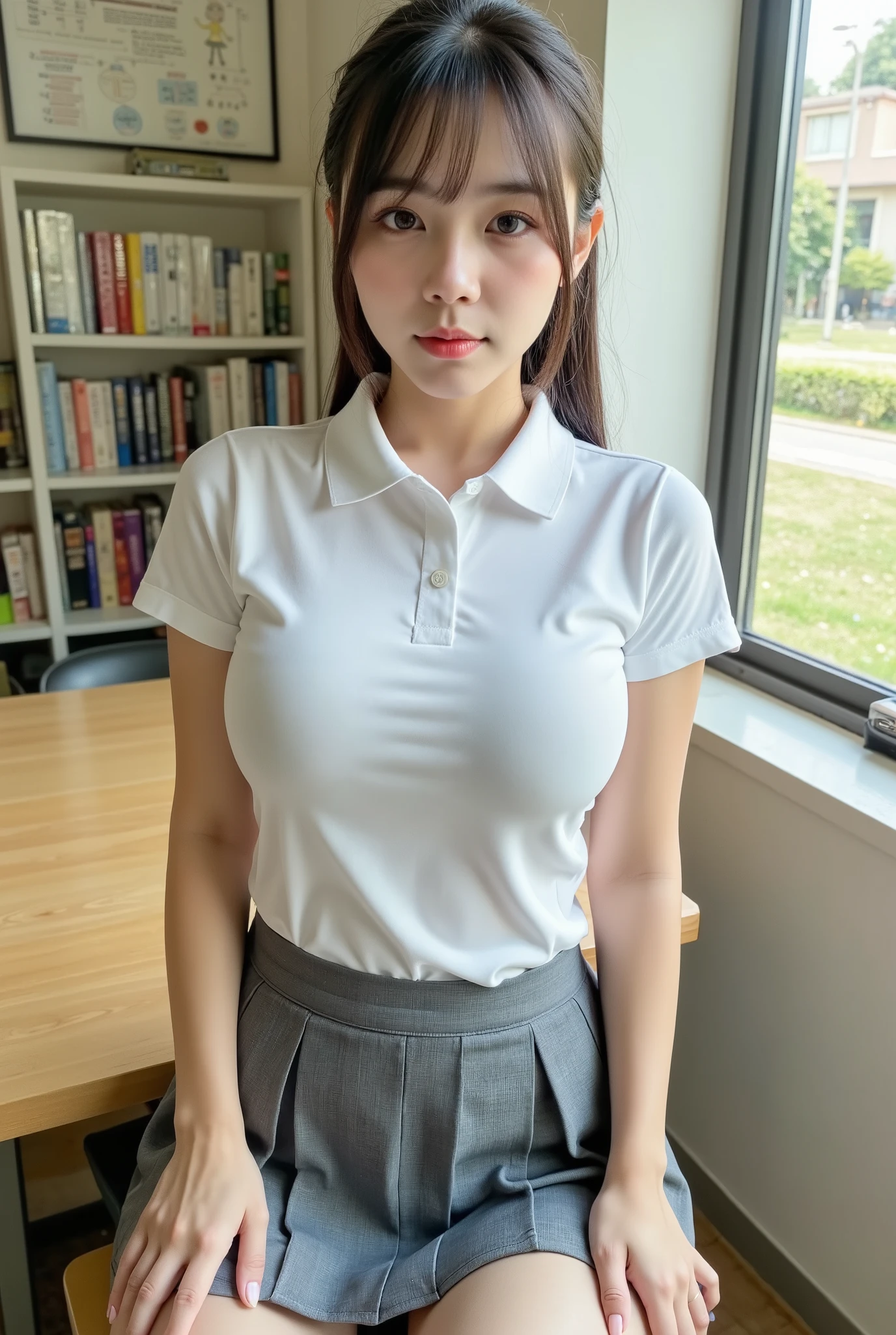 Japanese woman、 、 ponytail、 skinny、 skinny、 Japanese high school girl uniforms、 white polo shirt、Big Breasts、 gray miniskirt