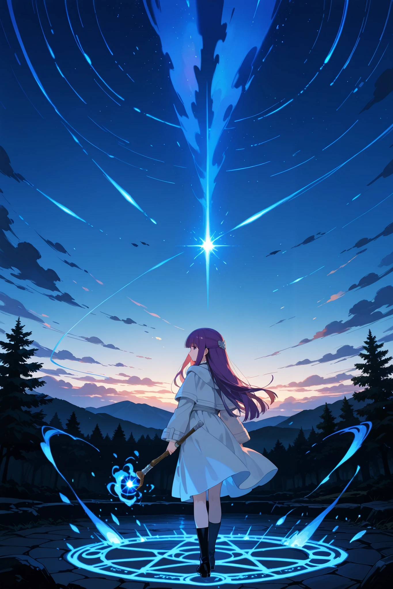 1girl\(fern \(sousou no frieren\),((flying sky)), holds a wooden magic wand in her right hand, her looking at gazes ground into the distance, extends her right hand and points the wand at gazes ground\),solo, A magic circle drawn in the air, she is standing on top of it, behind her multiple blue magic circles are drawn in the air, from the magic circles laser-like beam effects filled with the same color energy are generated and fired towards the gazes ground,BREAK, side shot,wide shot,blue magic circles,blue magical light are as bright as neon, (illuminating her and surroundings with a fantastical blue), this scene depicts a battle scene of a skilled wizard