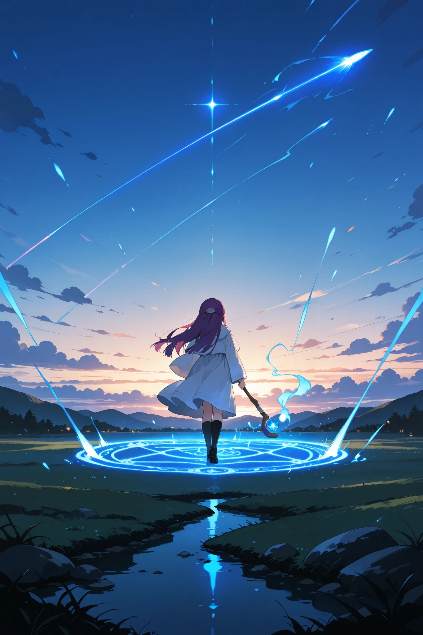 1girl\(fern \(sousou no frieren\),((flying sky)), holds a wooden magic wand in her right hand, her looking at gazes ground into the distance, extends her right hand and points the wand at gazes ground\),solo, A magic circle drawn in the air, she is standing on top of it, behind her multiple blue magic circles are drawn in the air, from the magic circles laser-like beam effects filled with the same color energy are generated and fired towards the gazes ground,BREAK, side shot,wide shot,blue magic circles,blue magical light are as bright as neon, (illuminating her and surroundings with a fantastical blue), this scene depicts a battle scene of a skilled wizard
