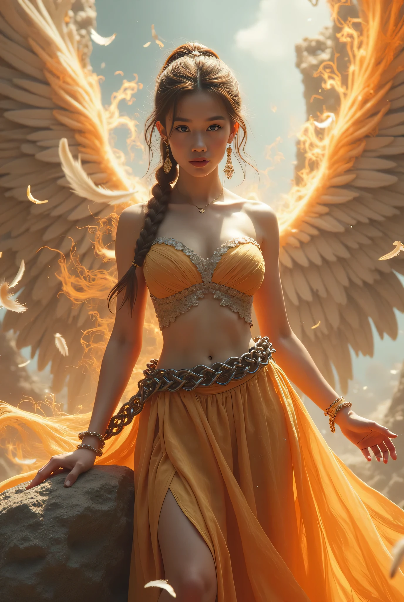 (8k, top quality, Masterpiece), ( is present , photo is present : 1.37), very detailed, one girl , { Phoenix Princess }, Wide angle , Big bouncing breasts , Very delicate depiction , Miniature Paint , short braided hair , correct skeleton, Intricate Patterned Chain Chain , Braided Chain Chain , Equipped with a long, large, feathered sword、 dreamy ,超 is present な混合ファンタジー世界, is present 要素と幻想的要素の組み合わせ ( Swirling Fire with Feathers :1)、 facing the camera 、Secure your body with a chain to a rock