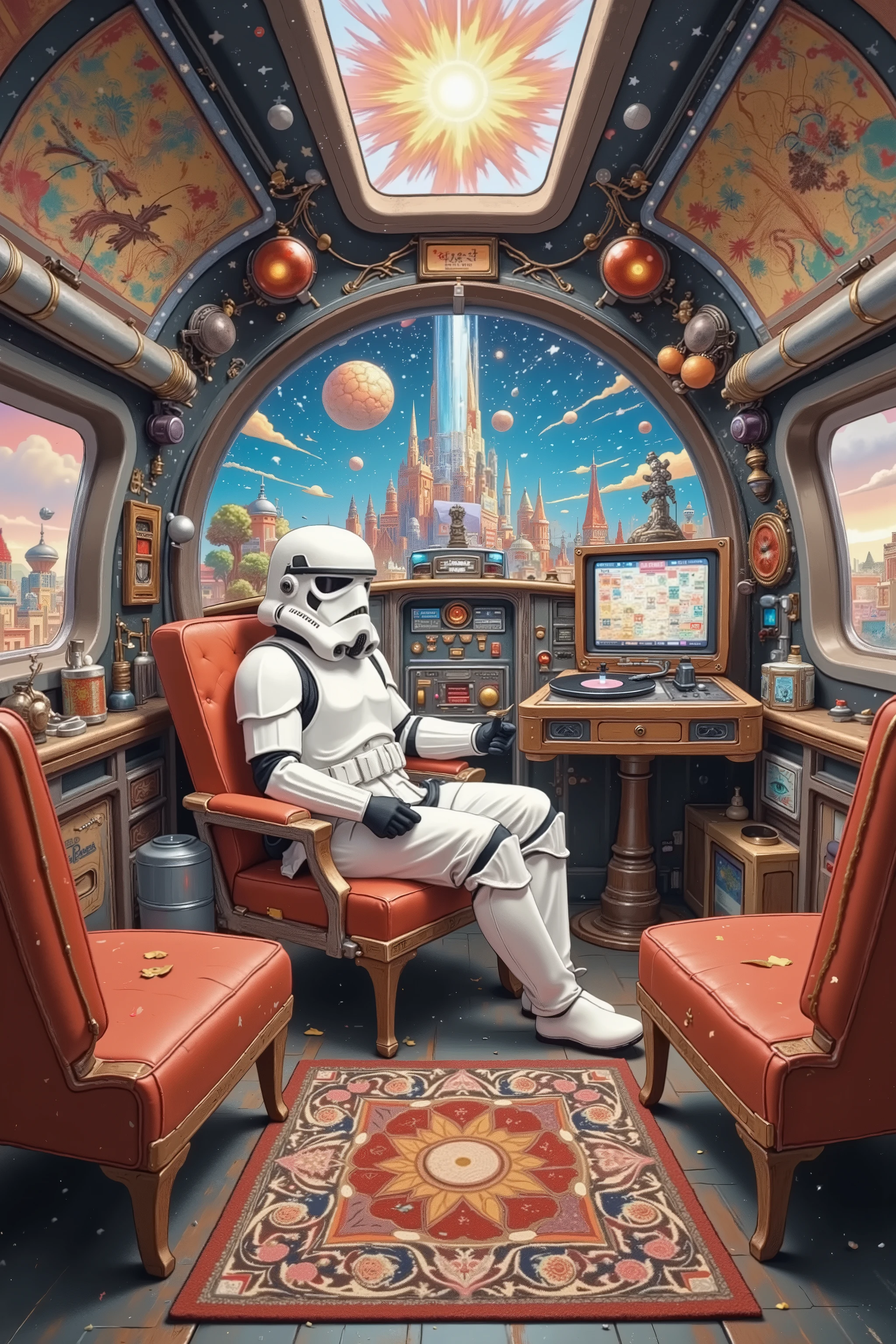 A retro record player is placed in the cockpit of a cozy spaceship, A relaxed stormtrooper enjoys music . The cockpit is full of retrofuturistic elements , Soft Lighting ,Comfortable seats. The record player is spinning a classic vinyl disc , Surrounded by、 The stormtrooper looks backwards with content expression ,Star maps and space-themed decorations ., very detailed background