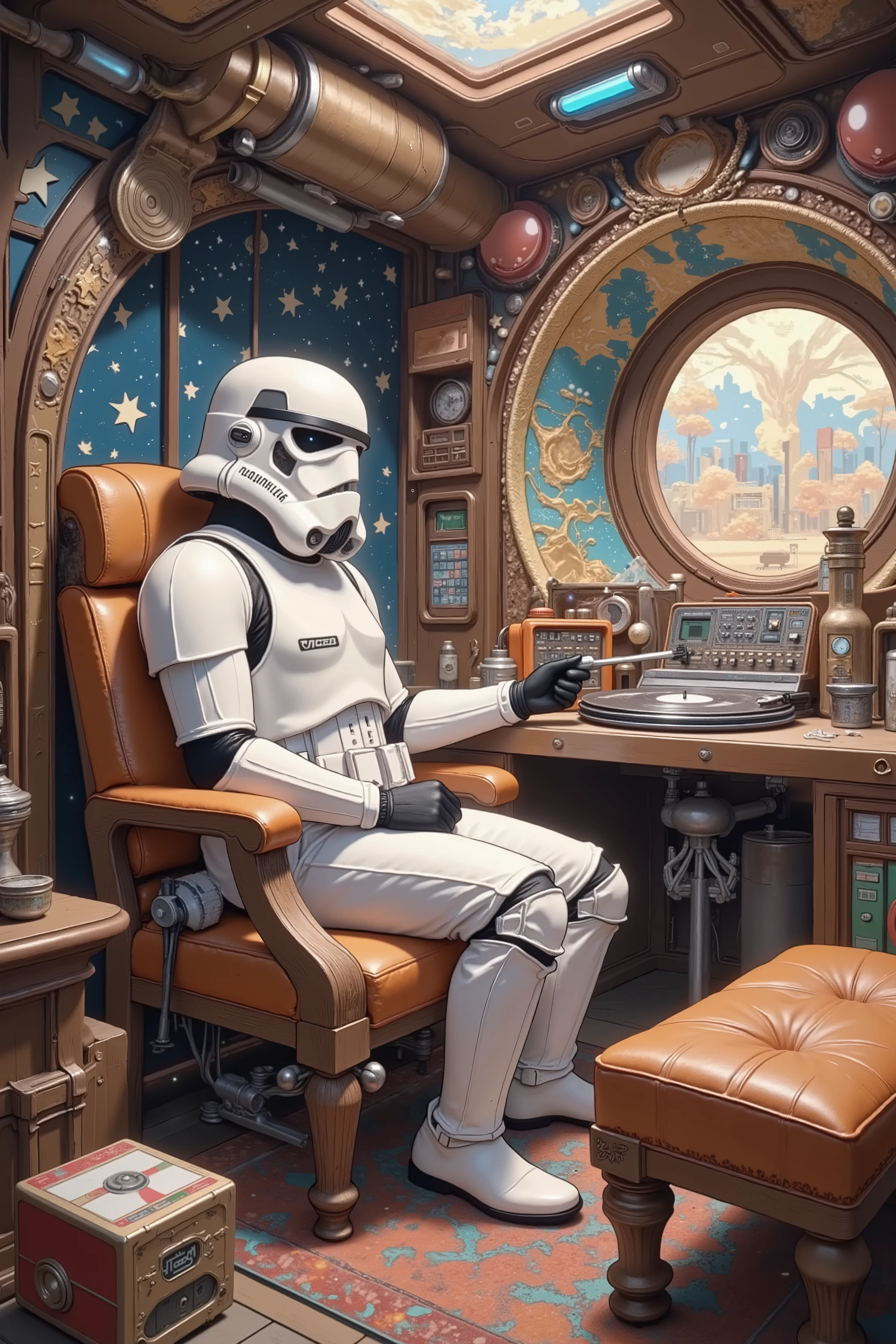 A retro record player is placed in the cockpit of a cozy spaceship, A relaxed stormtrooper enjoys music . The cockpit is full of retrofuturistic elements , Soft Lighting ,Comfortable seats. The record player is spinning a classic vinyl disc , Surrounded by、 The stormtrooper looks backwards with content expression ,Star maps and space-themed decorations ., very detailed background