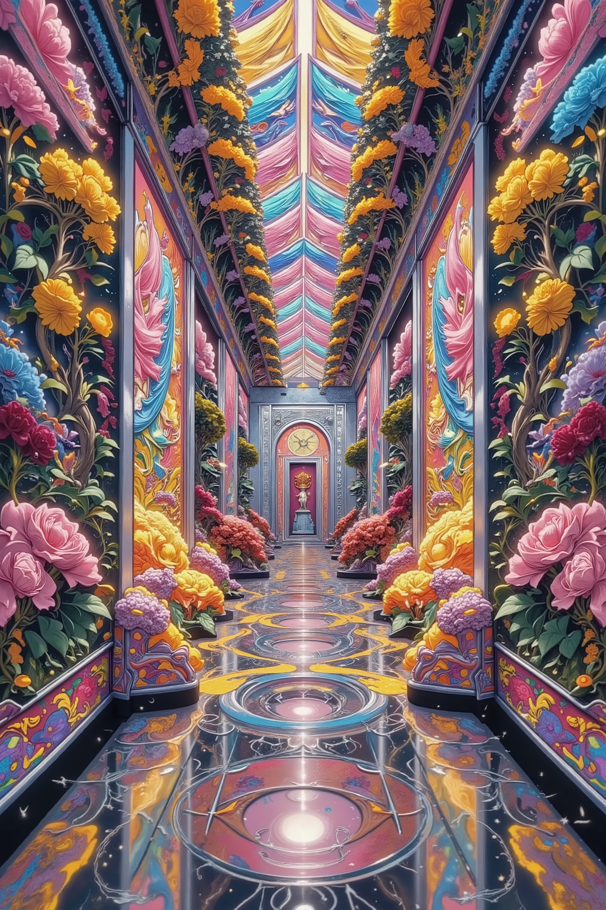 Masterpiece, very detailed, Ultra High Resolution,16k, wallpaper, Installation Art ,Draw a kaleidoscope-like geometric pattern in a mirrored room