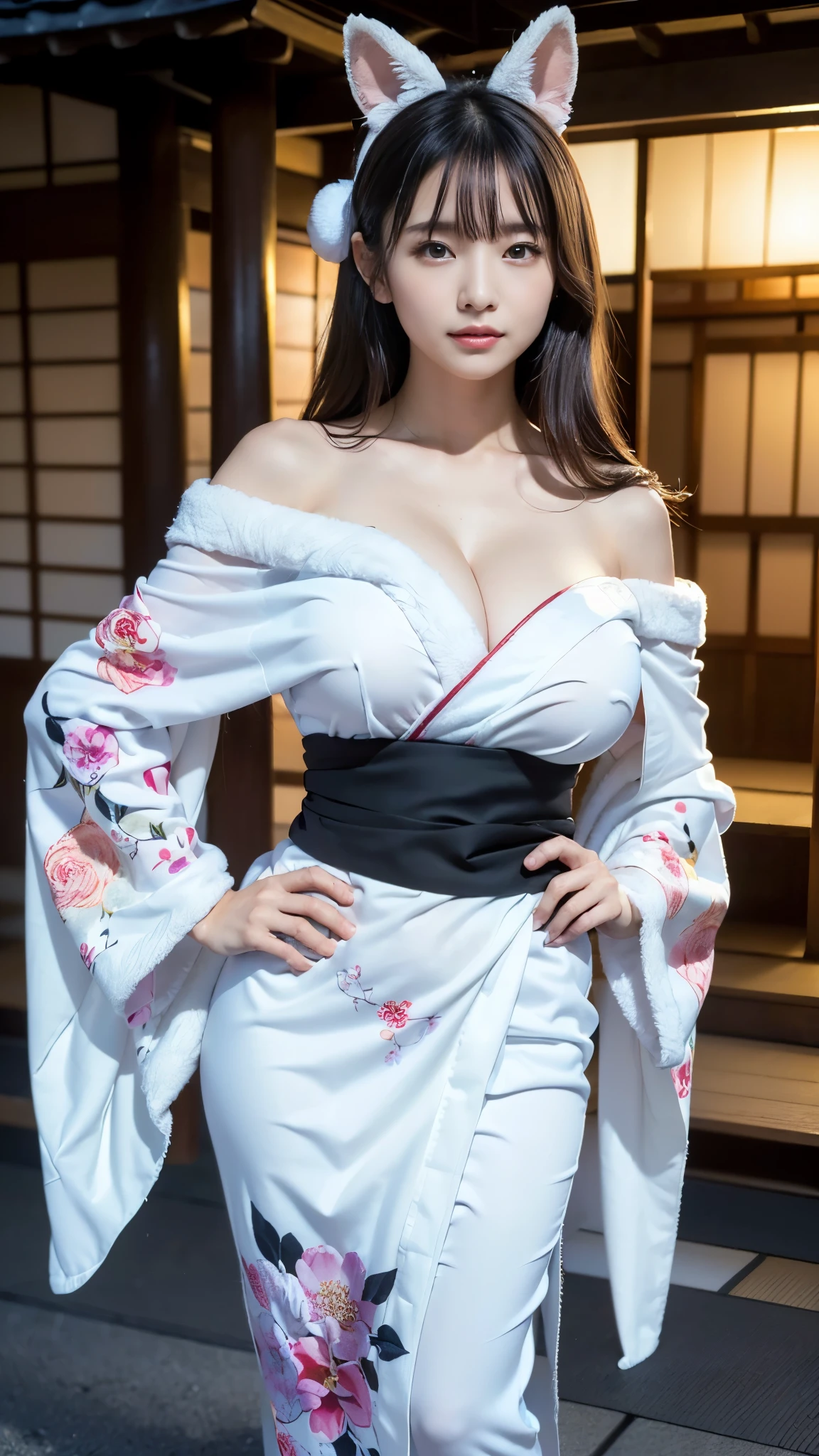 8K Ultra HD, Digital SLR,Film Grain, Fujifilm XT3,(Highest quality:1.3), (masterpiece:1.1), High resolution, Cinematic Light, Intricate details,長いHolding a Japanese sword with a white handle, (Realistic) (Night view) Realistic backlight、ドラマチックなredトーンの光、Beautiful Japanese Geisha full body photo, ((Facial texture Pore details)), Grin、悪魔のようなsmile, Simple messy hairstyle, 伝統的な龍のモチーフが描かれたサテンの黒いkimonoを着て, Shoulders open, Colorful dragon tattoos all over the body, Has a long blade, Inside a traditional villa,Holding a Japanese sword with a white handle,, 8K, Front blur,Ultra HD, Digital SLR,Film Grain, Fujifilm(8K, Highest quality, masterpiece:1,2), (Realistic, Realistic:1.37), Very detailed, One Girl,), (Very detailed), (Detailed and beautiful eyes), (Highest qualityの), (Very detailed ), (masterpiece), (Detailed face),woman((19 years old)), hair((red, Wavy, length)), eye ((red eye, big eye)), Clothes((kimono，big slit, redい花柄)), accessories ((Earrings, necklace)), Huge breasts, big , smile, background,長いhair，Red Clothes，Cowboy Shot