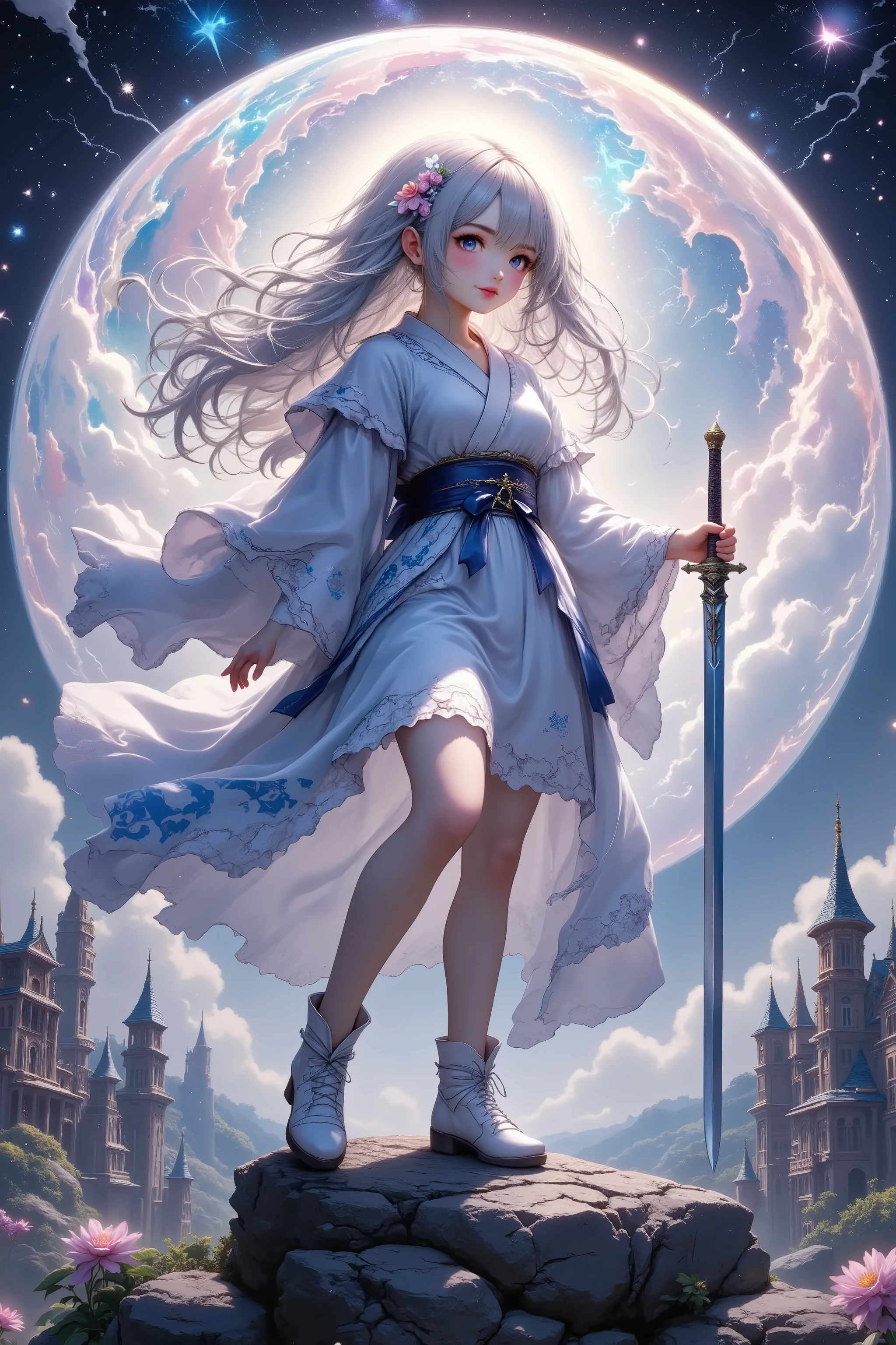 Anime girl holding a sword standing on a rock with a circular background , concept art inspired by Munakata Shiko, pixiv contest winners , conceptual art , anime background key visual , anime key art , cushart krenz key art Female, Popular Isekai anime , Epic Light Novel Art Cover , Visual Novel Key Visual , Light novel cover art