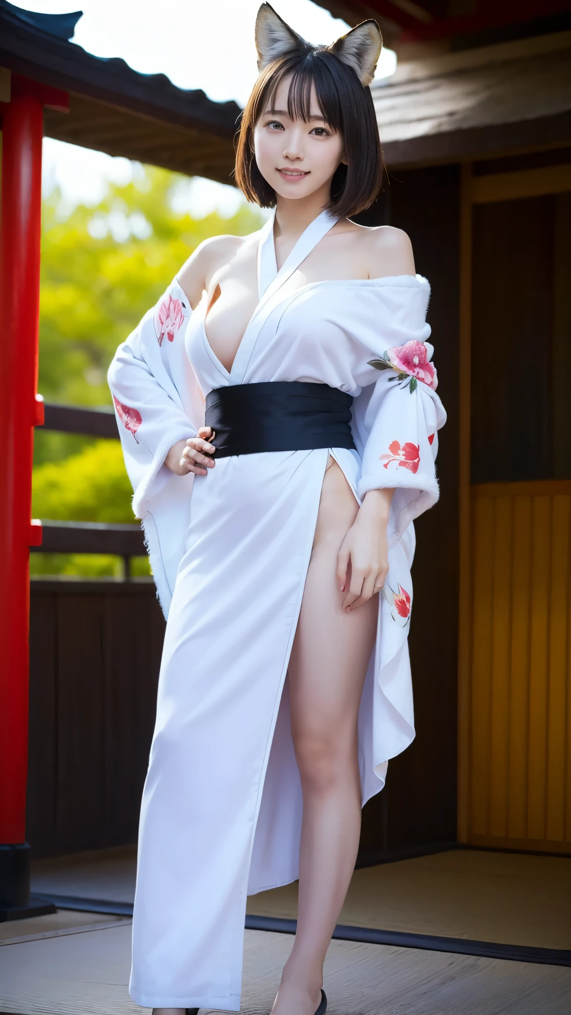 (((A beautiful woman wearing a long-sleeved kimono, bowing her head and folding her hands in front of a large offering box in the precincts of a shrine.))),(((A gravure idol who looks good in Japanese clothes poses with her knees together))),(((masutepiece:1.6))),(((ulzzang-6500))),(((perfect anatomia:1.6))),(((Deep depth of field with Hasselblad))),(((Sexy waist))),masterpiece,top-quality,超A high resolution,High detailed portrait,(photographrealistic:1.4),(((High nose and chiseled beautiful face))),(((Long limbs like a model))),The fair-skinned nape of the neck is dazzling,(((Wear beautiful formal Japanese clothing that shows off your body lines.))),chin up and drink tea,((Full body shooting from the side)),Cute 20 years old, Her long glossy chestnut hair is tied up and the nape of her neck is sexy.,((Proud F cup beautiful breasts )),(I can't get enough of my waistline),(Famous popular actresses of Japan),(Look over your shoulder and smile with the corners of your mouth and eyebrows raised),A detailed eye,((Gravure photoshoot at a shrine with an elegant atmosphere full of trees)),((big eyes with long eyelashes,Distinct double eyelids,((shiny thick lips)),(((perfect anatomia:1.4))),