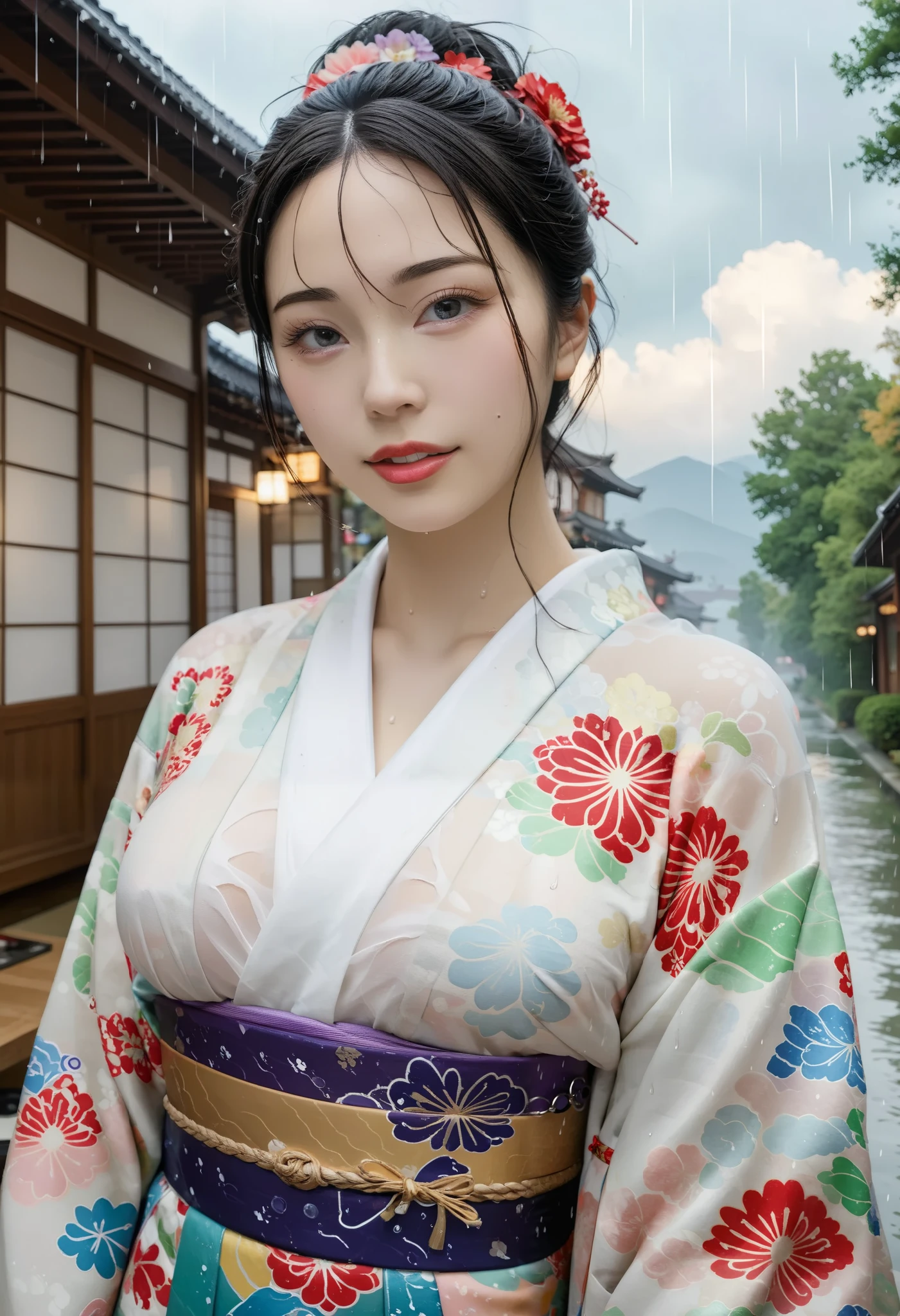  BEST QUALITY 、 high quality 、 highest resolution、 high resolution、8K quality、 high definition 、 Best Quality、  Masterpiece 、 movie-like images、 Immersive Footage 、 Very realistic looking image 、 realistic image 、  perfect detail 、  high contrast 、High fidelity、 Perfect photo、Close to reality、  images reproduced in detail down to the smallest detail、Detailed and realistic human body、Detailed and realistic human skin、 Detailed and realistic face、Detailed and realistic eyes、 Realistic lips drawn in detail 、 detailed and realistic teeth、Realistic ears、 Realistic hair 、(( Japanese model))､(( adult woman))、((Mature Woman))、((Adult face))、(( black hair))、((Big Breasts))、(( slim, perfectly mature body ))、((Full body glossy skin))､((Traditional Japanese Garden))、((Rain clouds spreading across the sky))、((Heavy rain weather))､(( downpour))、((Stormy wind and rain))、(((Colorful floral pattern( see-through kimono )))、(((Colorful floral pattern(Clear Vinyl Kimono )))､((( downpourの中でリラックス( beautiful posture)))、(((Drenched and wet skin all over )))、((Rain dripping from wet kimono ))、(((Her skin is clearly visible from under her wet kimono)))､(( subject close-up))