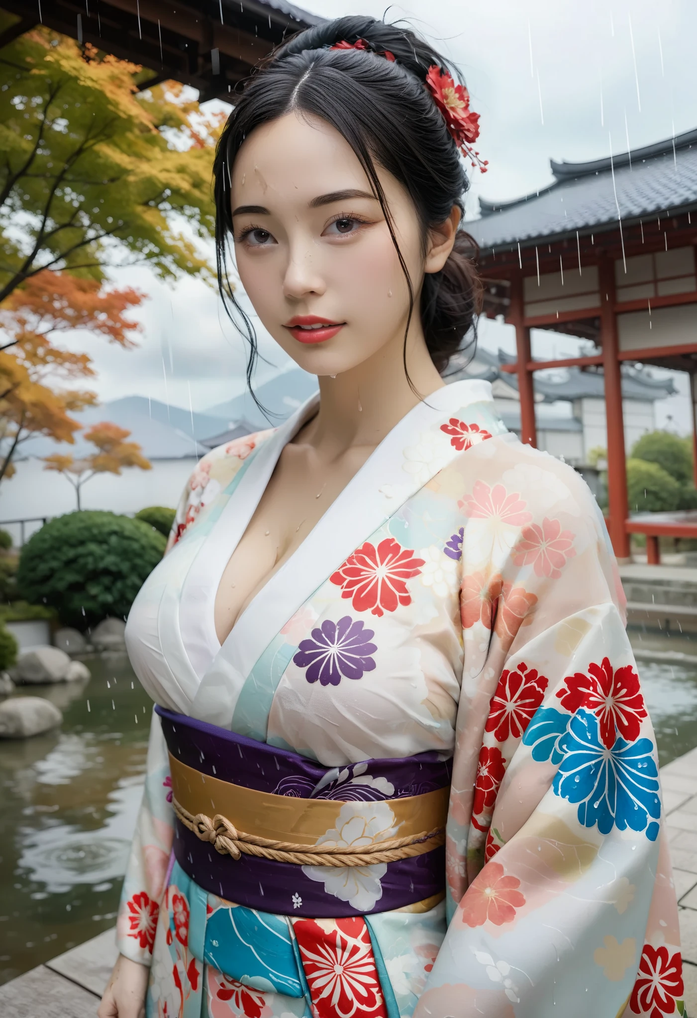 BEST QUALITY 、 high quality 、 highest resolution、 high resolution、8K quality、 high definition 、 Best Quality、 Masterpiece 、 movie-like images、 Immersive Footage 、 Very realistic looking image 、 realistic image 、 perfect detail 、 high contrast 、High fidelity、 Perfect photo、Close to reality、 images reproduced in detail down to the smallest detail、Detailed and realistic human body、Detailed and realistic human skin、 Detailed and realistic face、Detailed and realistic eyes、 Realistic lips drawn in detail 、 detailed and realistic teeth、Realistic ears、 Realistic hair 、(( Japanese model))、(( adult woman))、((Mature Woman))、((Adult face))、(( black hair))、((Big Breasts))、(( slim, perfectly mature body ))、((Full body glossy skin))、((Traditional Japanese Garden))、((Rain clouds spreading across the sky))、((Heavy rain weather))、(( downpour))、((Stormy wind and rain))、(((Colorful floral pattern( see-through kimono )))、(((Colorful floral pattern(Clear Vinyl Kimono )))、((( downpourの中でリラックス( beautiful posture)))、(((Drenched and wet skin all over )))、((Rain dripping from wet kimono ))、(((Her skin is clearly visible from under her wet kimono)))、(( subject close-up))