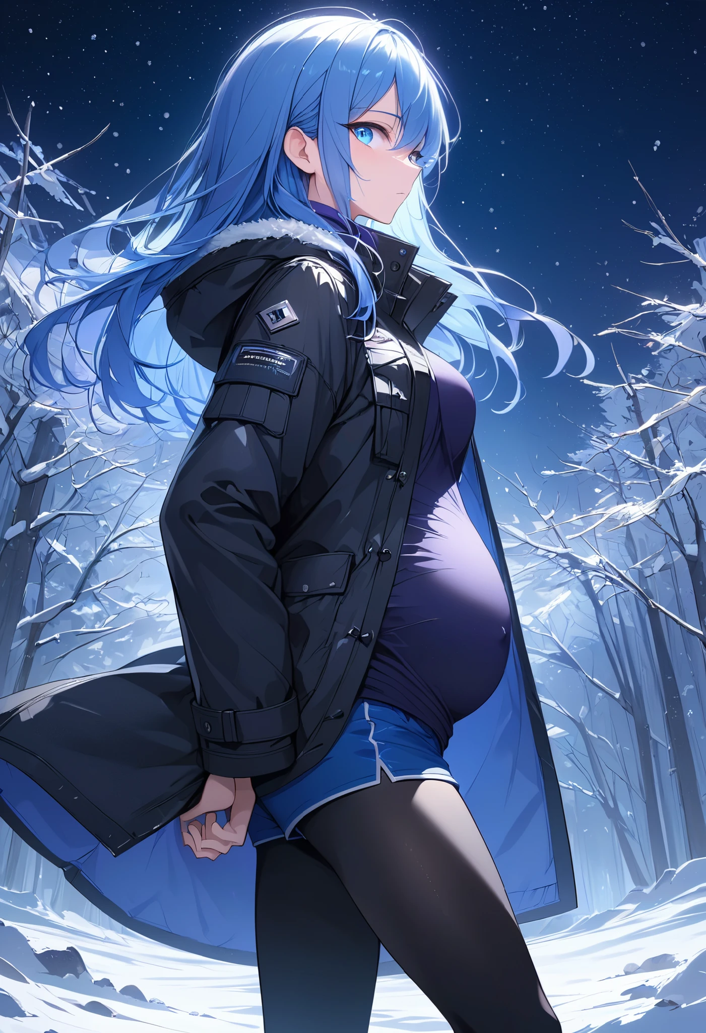 High Resolution, Masterpiece, 4K, snowy scene, night, 1girl, blue hair, long hair, blue eyes, medium breasts , black combat coat, violet shirt, blue shorts, black leggings, black boots, looking at viewer, standing, side profile, swollen abdomen, arms behind back, black faulds with blue tassets
