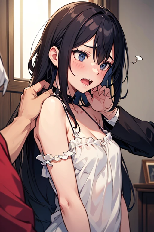 (8k、Best image quality、Highest quality、masterpiece)、Detailed face、One Girl、Black Hair、Bright Blue Eyes、Wicked Smile、((steam, sweat, Grin))、Small breasts、((White oversized long shirt)), No underwear、Cowboy Shot、entrance、Open the door、(A big, muscular black man hugging her from behind:1.3)
