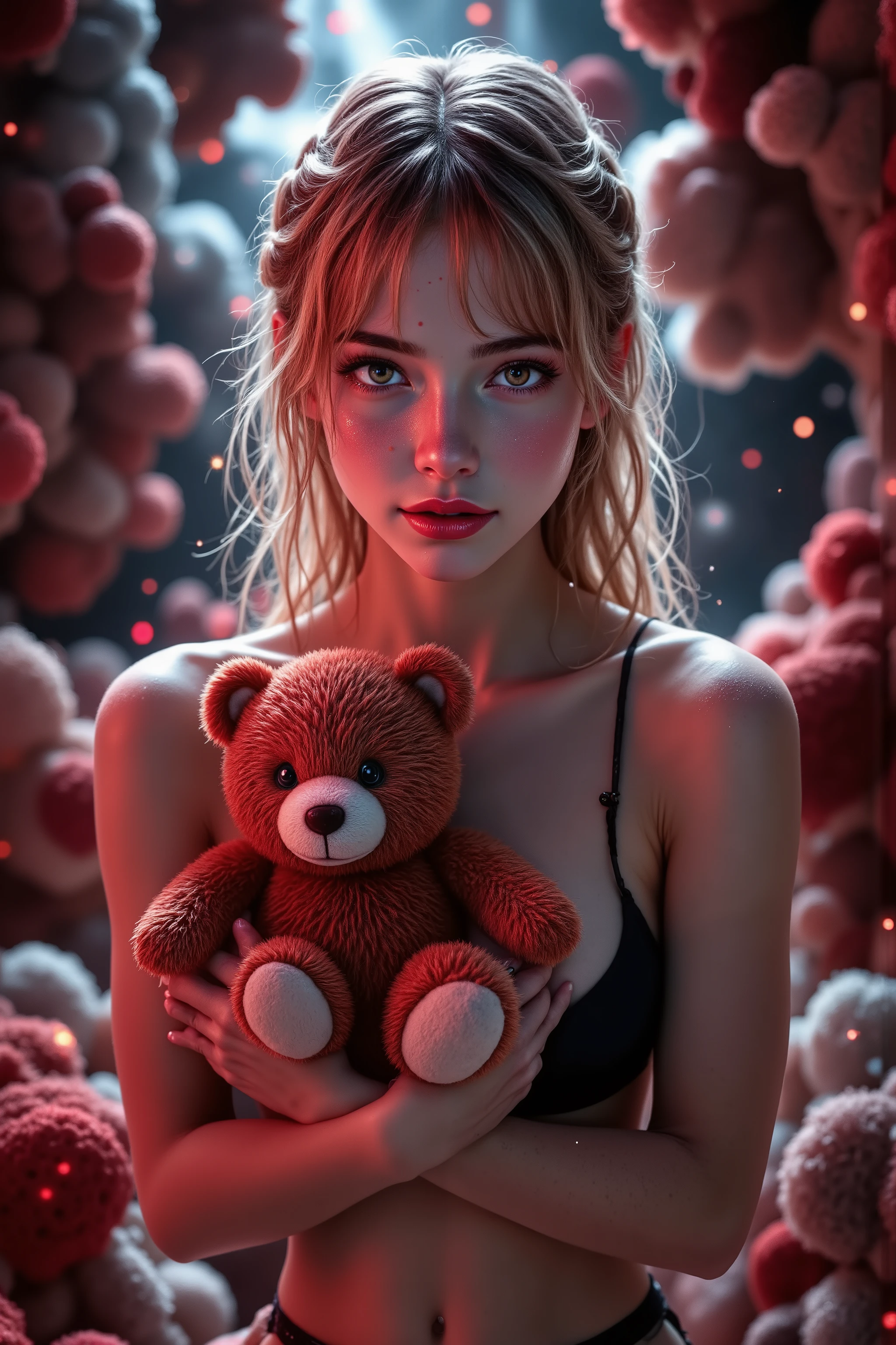 {{x}} I have a crimson image of a young woman " Buying and Selling Innocence " on ne "KCHDOM " Spanish, in black letters , Red and Black: La portada tiene un fondo Red and Black de advertencia brillante que representa la energía y la intensidad de la manía.. Vine , A crimson image of a young woman . {{x}} I have a crimson image of a young woman " Dark Secrets - TRAFFICKING IN INNOCENCE " on ne "KCHDOM " is presents de una hermosa adolescente noruega joven, 18 years old, very cute and delicate , skinny, small breasts, blonde girl, Playing with the Audience , hard nipples , ((visible breasts)), Breasts from the Past , Delgado, small hips , wearing only small black lingerie , Dark Secrets - IN INNOCENCE , I'm holding a medium sized teddy bear that reaches knee height , in a pastel-colored room full of stuffed animals {x} stuffed animals , cinemascope, amazing, film grain , Granular, cinematic lights, ( an old man wearing colorful starlights at dusk ), her with pop decorations In the ager's bedroom , Greeting with the audience , ((visible breasts)), Super Detail ,( is present,photo is present,photo- is present:1.37), Braided in an irregular and cluttered typeface " Dark Secrets : Buying and Selling Innocence " Very cute and delicate , in an irregular and cluttered typeface , as if she had been punched with a nervous brush .