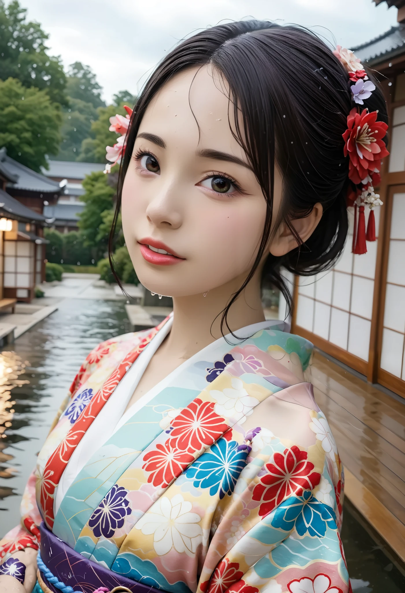 BEST QUALITY 、 high quality 、 highest resolution、 high resolution、8K quality、 high definition 、 Best Quality、 Masterpiece 、 movie-like images、 Immersive Footage 、 Very realistic looking image 、 realistic image 、 perfect detail 、 high contrast 、High fidelity、 Perfect photo、Close to reality、 images reproduced in detail down to the smallest detail、Detailed and realistic human body、Detailed and realistic human skin、 Detailed and realistic face、Detailed and realistic eyes、 Realistic lips drawn in detail 、 detailed and realistic teeth、Realistic ears、 Realistic hair 、(( Japanese model))、(( junior. idol))、(( ))、(( cute face))、(( black hair))、((平たい胸、 small breasts))、(( petite figure、 slim figure))、((Full body glossy skin))、((Traditional Japanese Garden))、((Rain clouds spreading across the sky))、((Heavy rain weather))、(( downpour))、((Stormy wind and rain))、(((Colorful floral pattern( see-through kimono )))、(((Colorful floral pattern(Clear Vinyl Kimono )))、((( downpourの中でリラックス( beautiful posture)))、(((Drenched wet skin all over)))、((Rain dripping from wet kimono ))、(((Her skin is clearly visible from under her wet kimono)))、(( subject close-up))