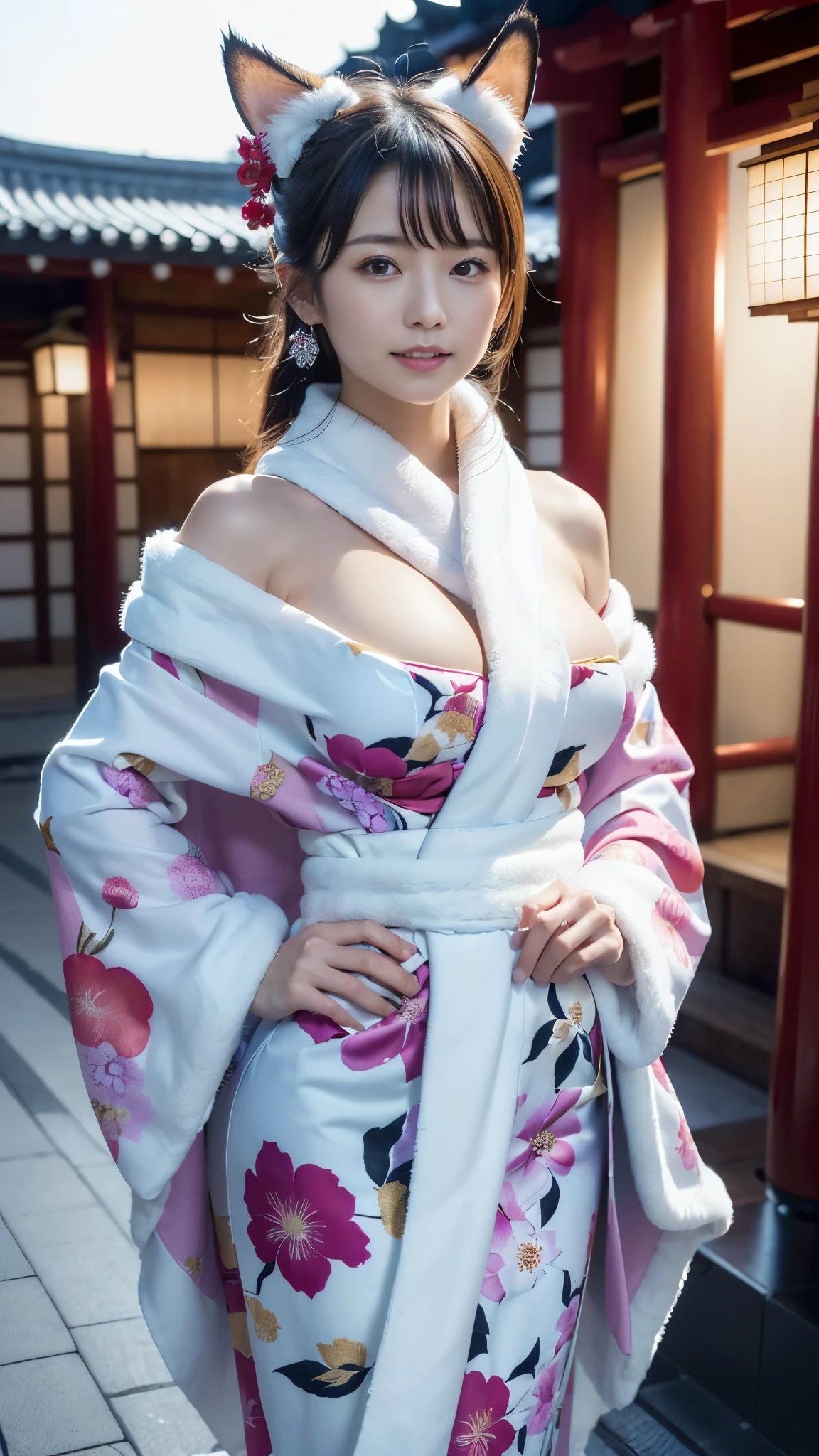 top quality, Masterpiece, Ultra High Resolution, High Definition RAW Color Photos , pro pics, natural skin texture, fine skin, hyperrealism, Ultra-Fine,16k,(gigantic breasts),Japan,(((煌びやかなJapanの着物,floral long sleeve kimono,right color花柄振袖,white fur shawl,Fur stole,Japan人女性2人,another face duo,Group of 2, Beast Ears, Shrine grounds,hand on own hip))),(( off shoulder))