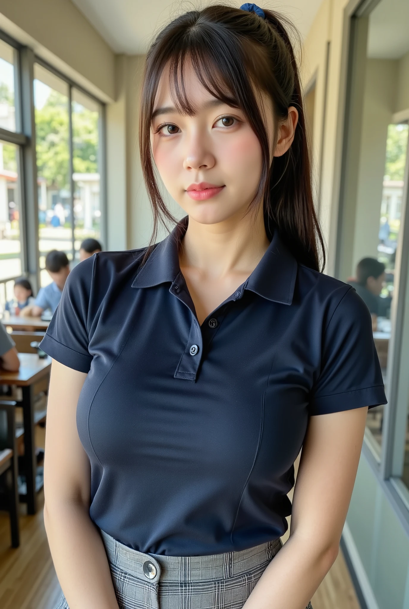 Japanese woman、 、 ponytail、 skinny、 skinny、 Japanese high school girl uniforms、 dark blue polo shirt 、Big Breasts、 gray plaid miniskirt