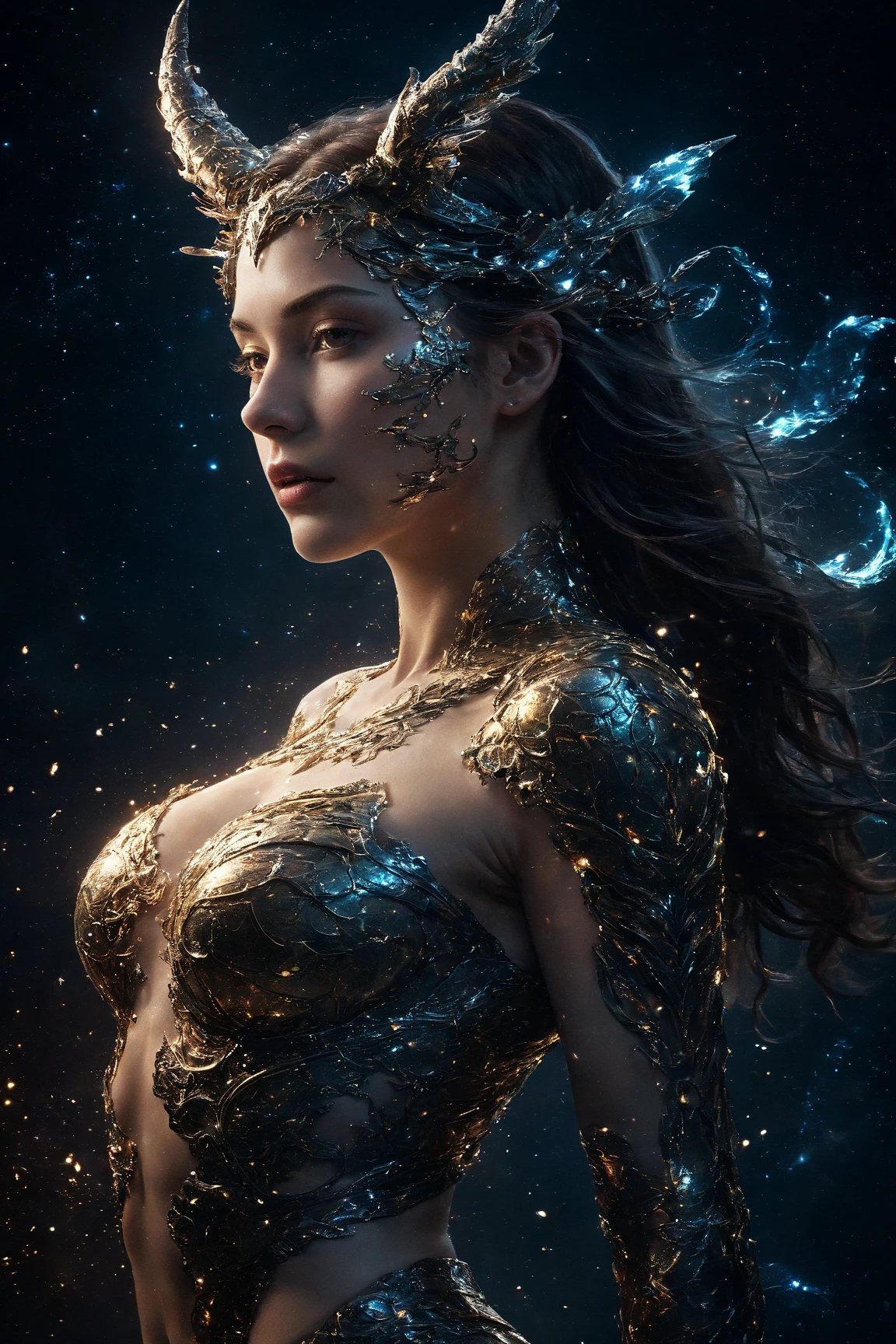 big titty girl, glowing light eyes, Biomechanical, eerie, Creepy, nightmarish, Very bright colors, Light particles, with light glowing, Mshiff, wallpaper art, UHD wallpaper
