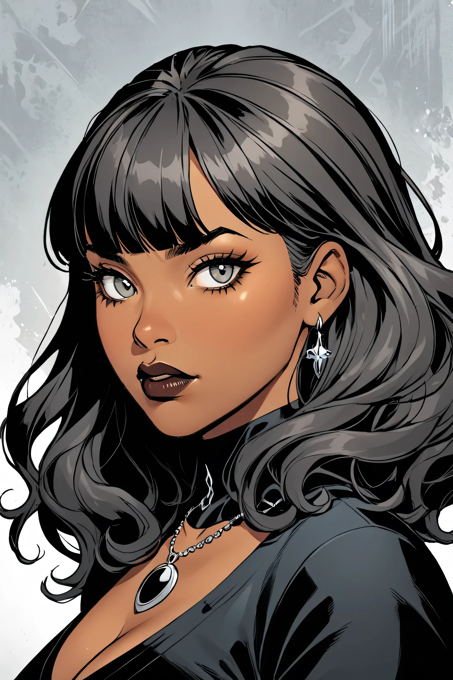 marvel comic character who is a tan skinned woman who is slightly curvy with black wavy hair with bangs. Her eyes are grey and she's a psychologist. slightly gothic aesthetic. headshot.
