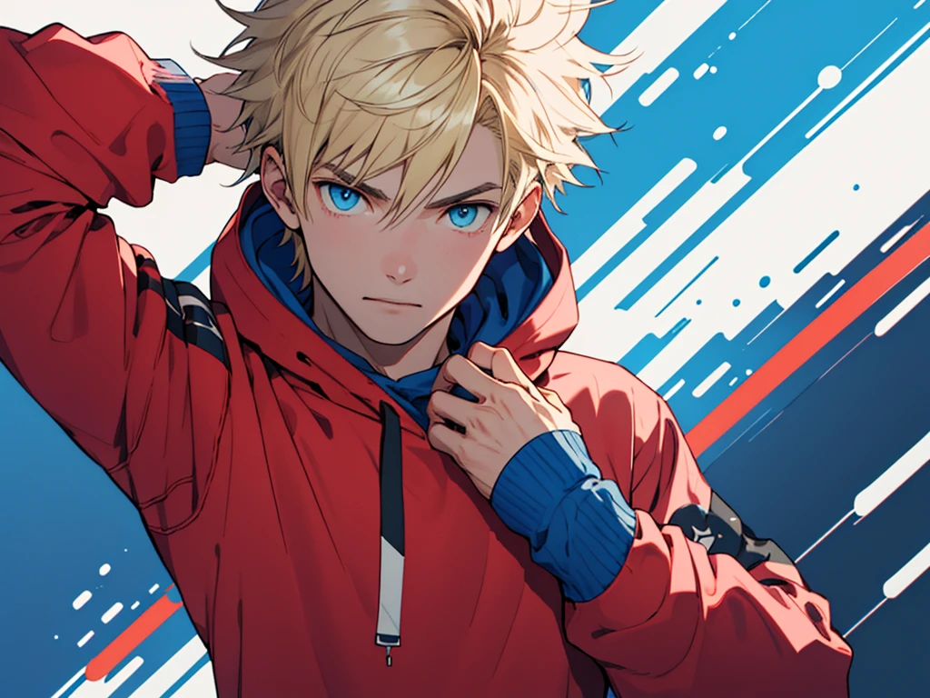 He has short blonde hair, fighting-like clothing, a red aura around him, light blue eyes, and is holding his fist.