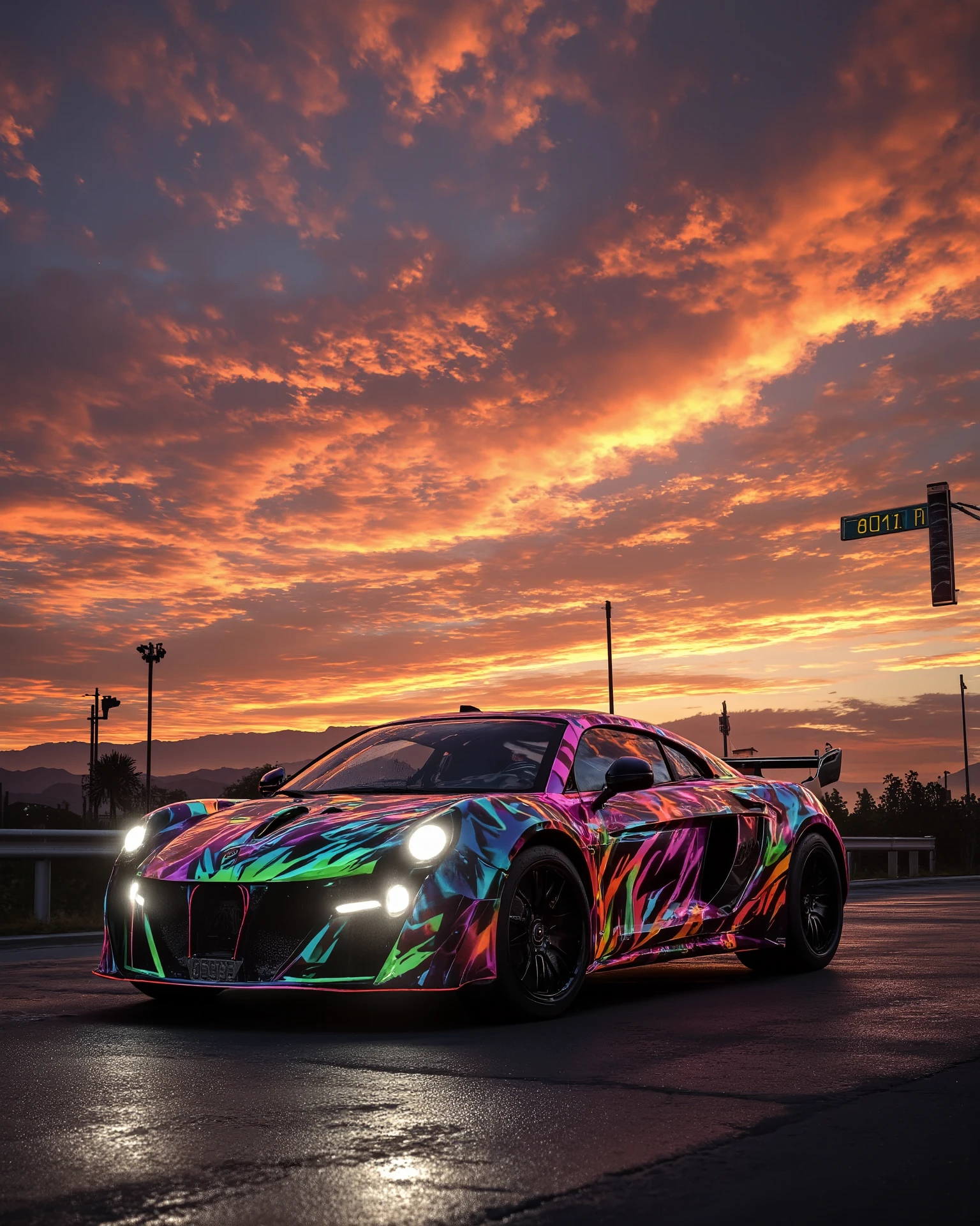 "A vibrant sports car parked on a rough low-light street during a stunning sunset. The sky is filled with dramatic orange and red clouds blending into a deep blue, creating a serene cinematic atmosphere. The headlights of the car are glowing, reflecting on the ground. In the background, silhouettes of palm trees, mountains, and distant cars under warm sunset light."