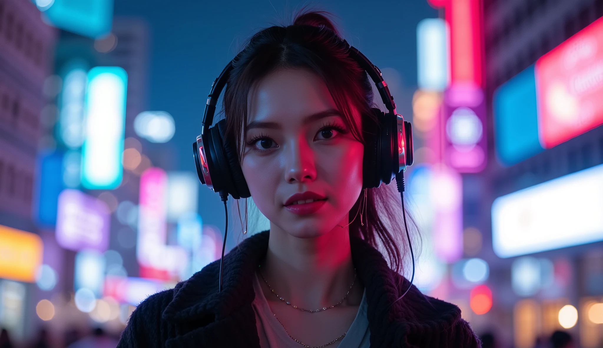 The best photos for TikTok、Beauty、 Dynamic Angles 、ヘッドフォンをしているBeauty、Night city background with neon lights
