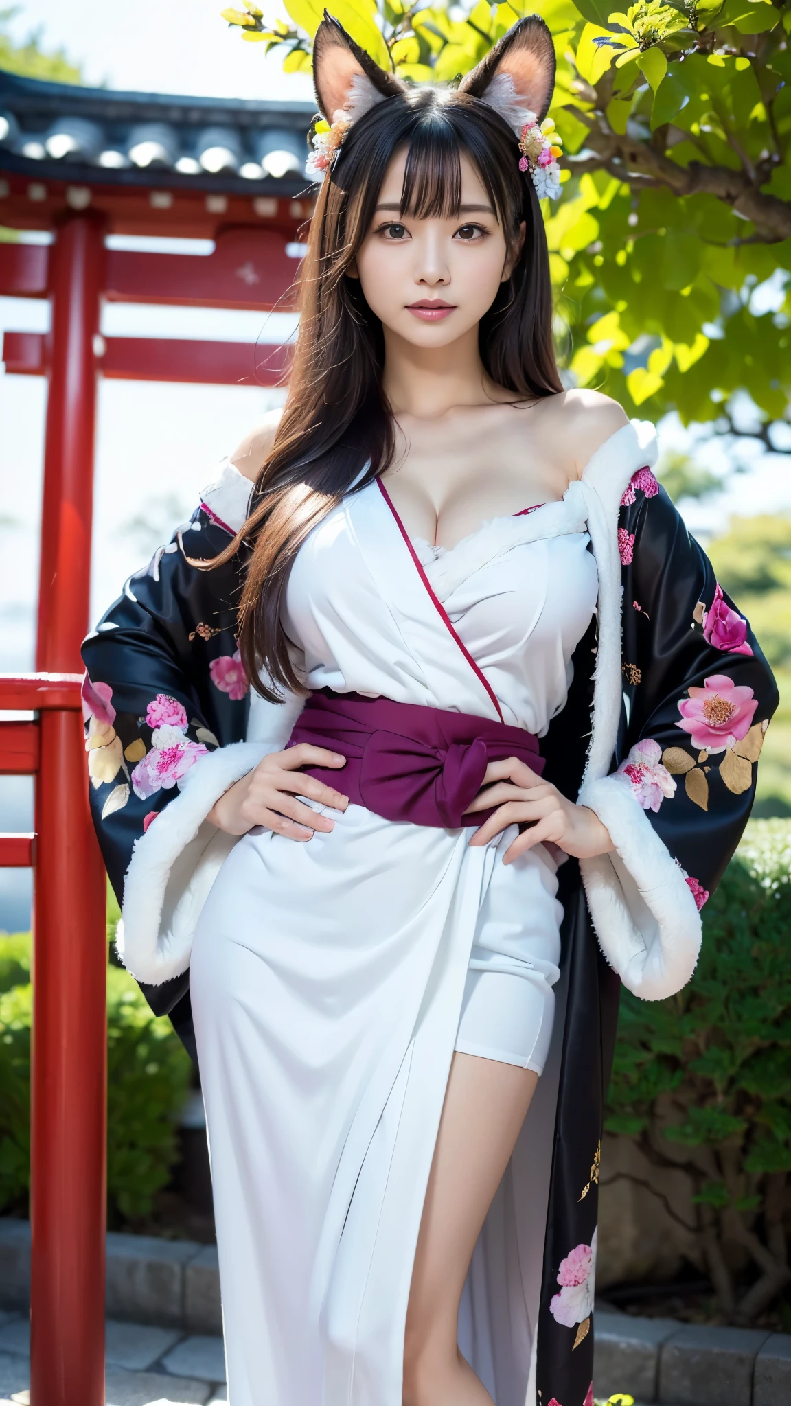 top quality, Masterpiece, Ultra High Resolution, High Definition RAW Color Photos , pro pics, natural skin texture, fine skin, hyperrealism, Ultra-Fine,16k,(gigantic breasts),Japan,(((煌びやかなJapanの着物,floral long sleeve kimono,right color花柄振袖,white fur shawl,Fur stole, Beast Ears, Shrine grounds,((hand on own hip))))),(( off shoulder))
