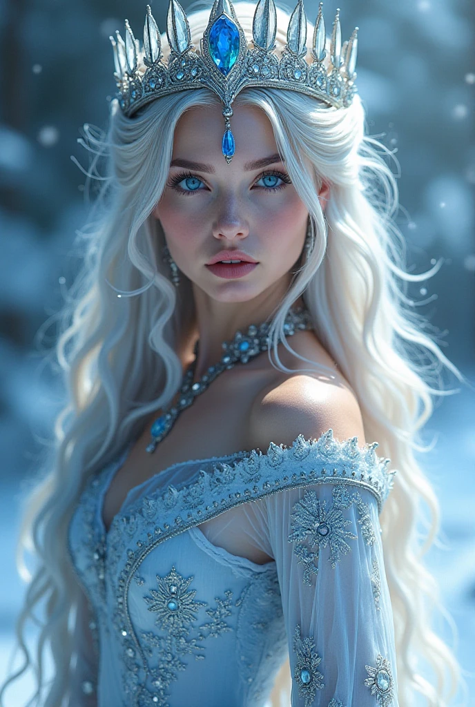 (best quality,4k,8k,highres,masterpiece:1.2),ultra-detailed,(realistic,photorealistic,photo-realistic:1.37),snow queen,beautiful detailed eyes,beautiful detailed lips,extremely detailed eyes and face,long eyelashes,snow-covered palace,winter wonderland,crown of ice,sparkling snowflakes,ethereal beauty,snowflakes swirling around,snow-covered trees,gorgeous snow queen,glowing ice shards,powdery snow,snowflakes glistening in the sunlight,majestic and graceful presence,snow-capped mountains,icy breath,hint of blue and silver in the color scheme,dramatic lighting,soft snow falling,queen's regal gown,subtle shades of white and blue,icy palace walls,crystal-like skin,icy green eyes, ultra-realistic, photorealistic, photograph, photogenic, bokeh, cleavage, bare shoulders, concentrated expression, The breasts are of Q-cup size, ((realistic hyper gigantic breasts:1.6)), reading glasses, (upon body from head to thighs:1.35), 