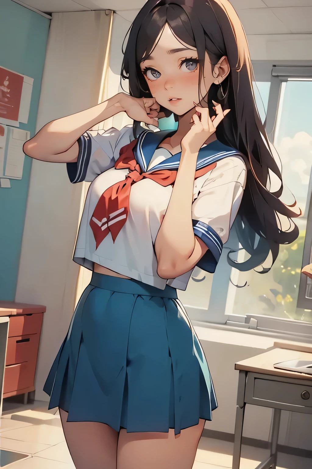 High Girl in Sailor Suit ,Gesture of putting hair back together ,