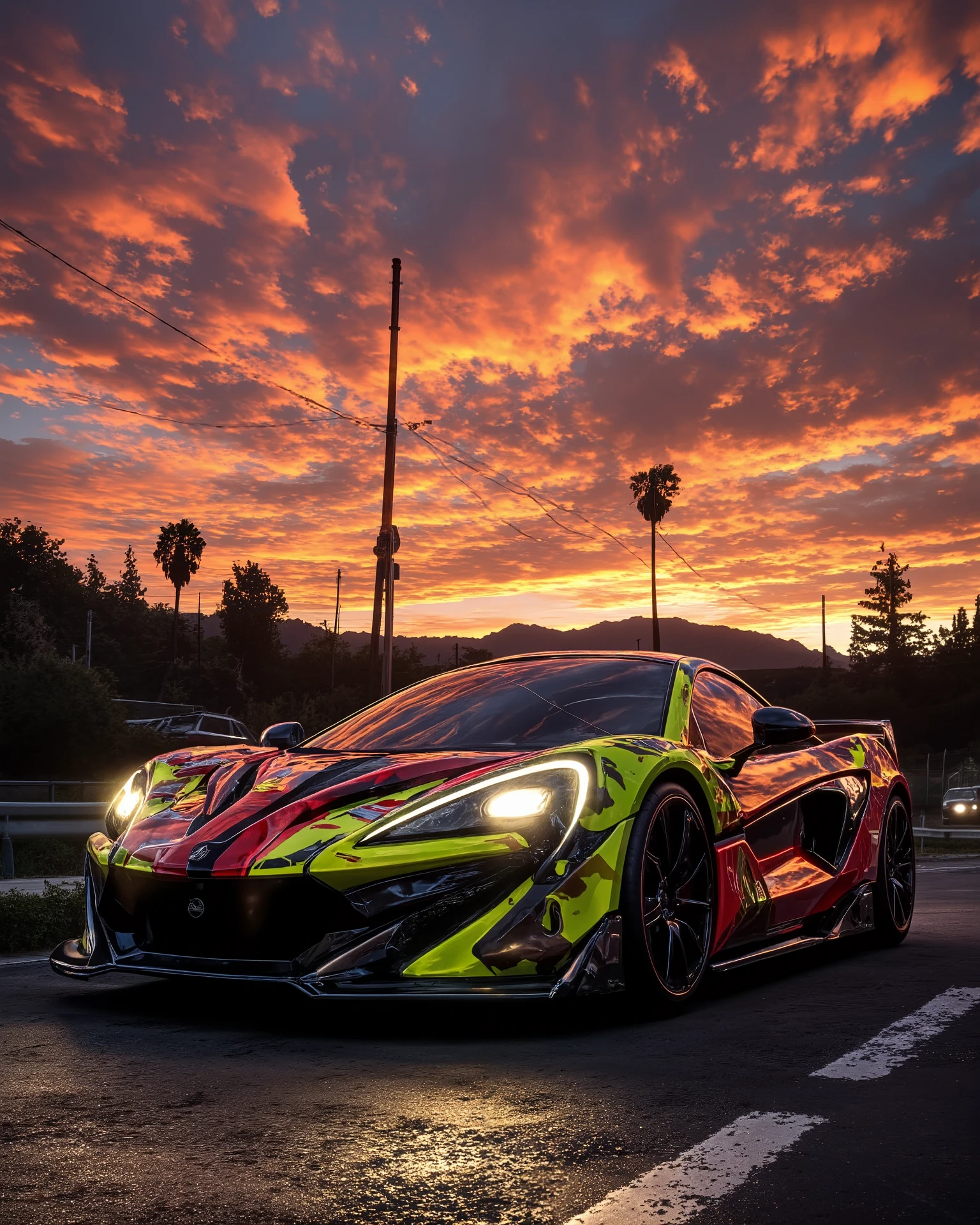 "A vibrant sports car parked on a rough low-light street during a stunning sunset. The sky is filled with dramatic orange and red clouds blending into a deep blue, creating a serene cinematic atmosphere. The headlights of the car are glowing, reflecting on the ground. In the background, silhouettes of palm trees, mountains, and distant cars under warm sunset light."