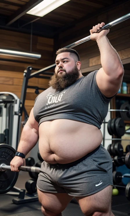 chubby muscular fluffy polar bear with a gray beard huge eyebrows and huge fangs and huge upperbody wearing wrestling trunks while sweaty and tired