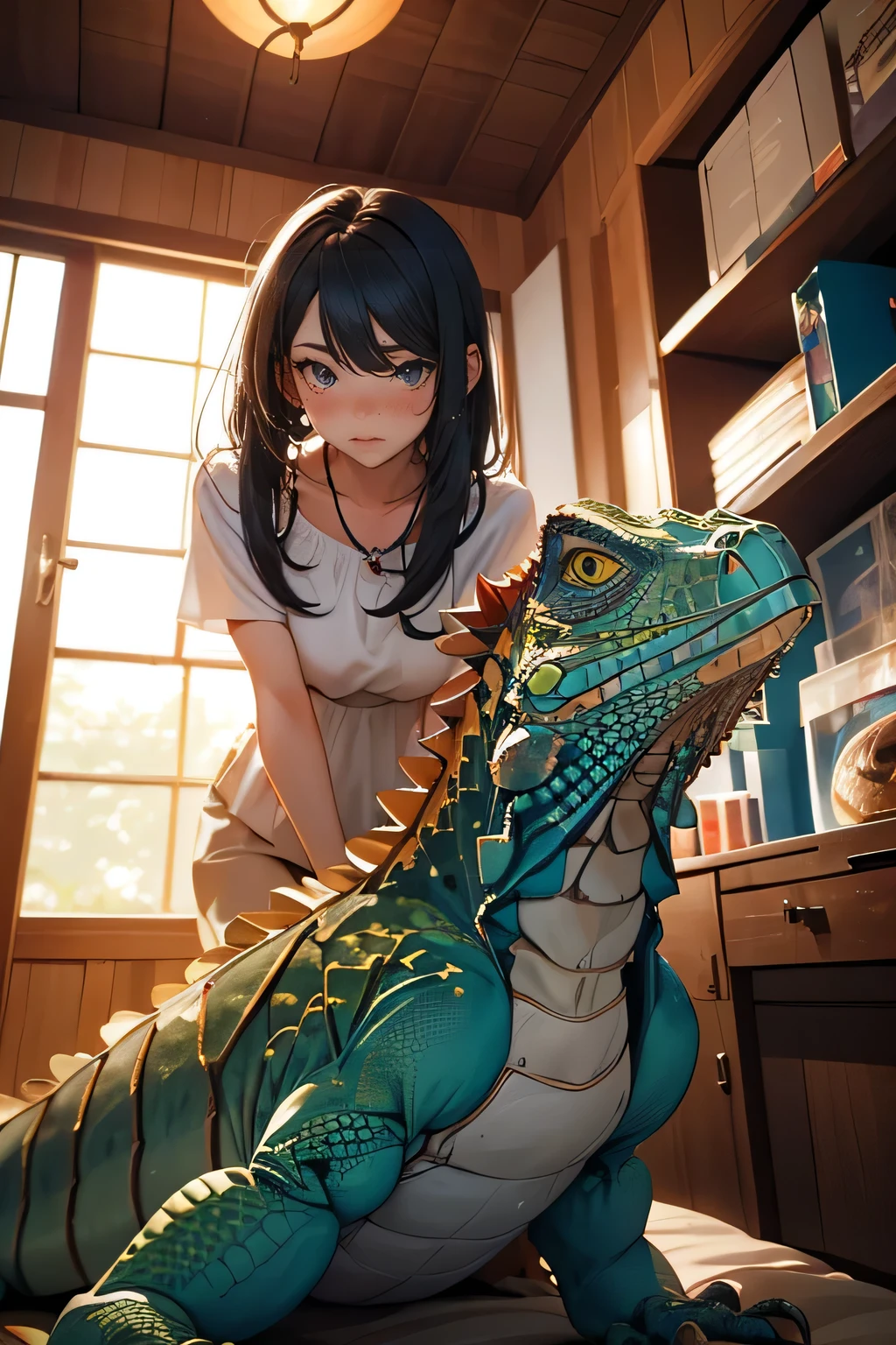 (Male and female iguana heads) , (( A man with an iguana 'head、 wears a black leather jacket and black leather pants、 has a jackknife )), (() ,( Dishevelle Hair ), ( Long Blonde Hair , kung fu master, Pastel Green,Wear work clothes, has the upper part of his work suit off ., a gorgeous purple detailed bra ), Sensual,))