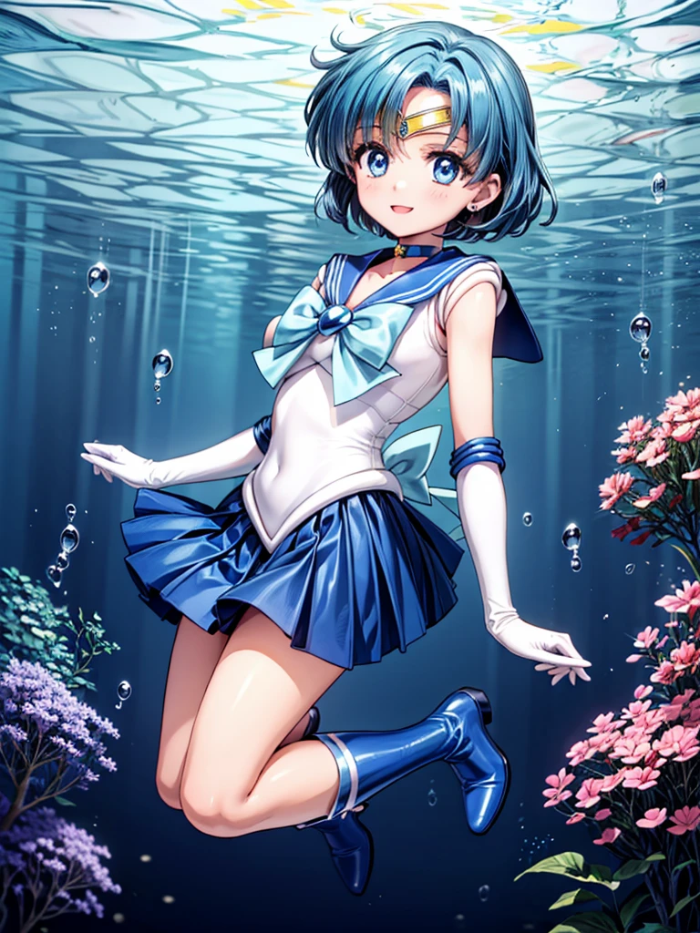 Sailor Mercury　Full limbs　complete fingers　Transformation heroine of justice　Enameled White Leotard　Enamel Blue Boots　Wrinkled boots　Enamel White Gloves　Enamel Blue Mini Skirt　Neat and clean image　Enamel Blue Choker　Gold decoration　Costumes with fancy decorations　justice　poneyTail　long　hair adornments　Crying expression　Opening Mouth　Squinting eyes　Jockey Boots　thrust out one's hip　Open your legs　　laying on back　Full body painting　Put your hand on your crotch　Underarm is visible　Long boots below the knee　Raw feet　Soaking a large amount of white slime 　Open your crotch　bend knee　お漏らし　Yellow water flowing from the crotch　full of sweat　Leotards are wet and skin visible　sodden　In a dark cave　The surroundings are full of white slime, Turbid liquid　　Pool full of white slime　White slime drips from above　indulge　Countless tentacles around