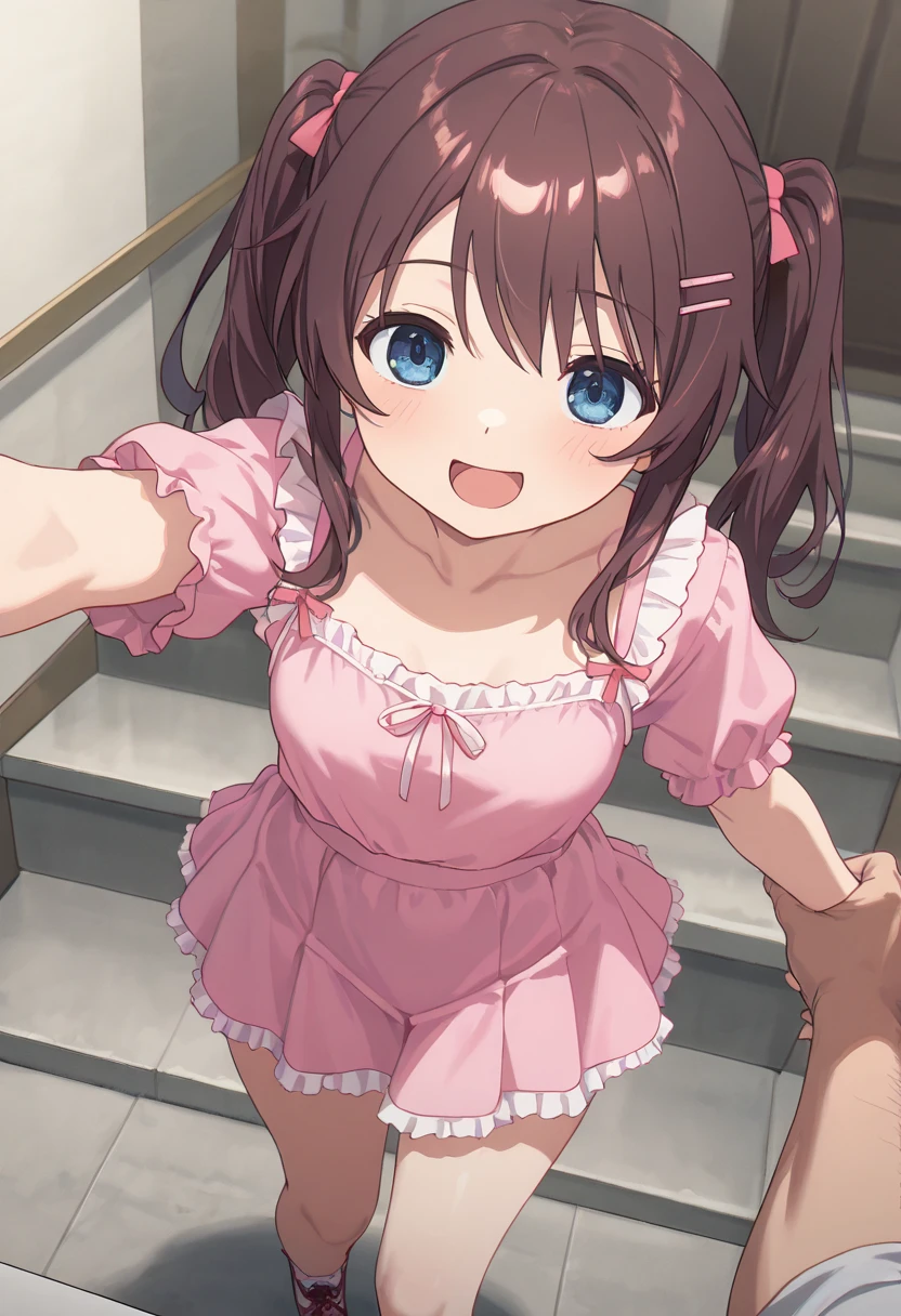 masterpiece, Highest quality, Nico_Yazawa,High resolution, 1 Girl, alone, Brown Hair, short hair, Twin tails、Purple eyes, Cowboy Shot, Frill dress, , Pink Dress, (Cleavage)、(Beautiful thighs)、city, Outdoor, garden, Carrying a red backpack, (randoseru backpack:1.2) Sweaty、Thick thighs、Highest quality、4K、1girl, 8ars old, lo, cute, grin, 、Skirt lift striped underwear、In the city、Many passersby are surrounding the girl.、、Thick thighs、Ahegao、Men holding their penises and surrounding girls、Semen from the penis、Bukkake、Bukkake、（Bukkake）