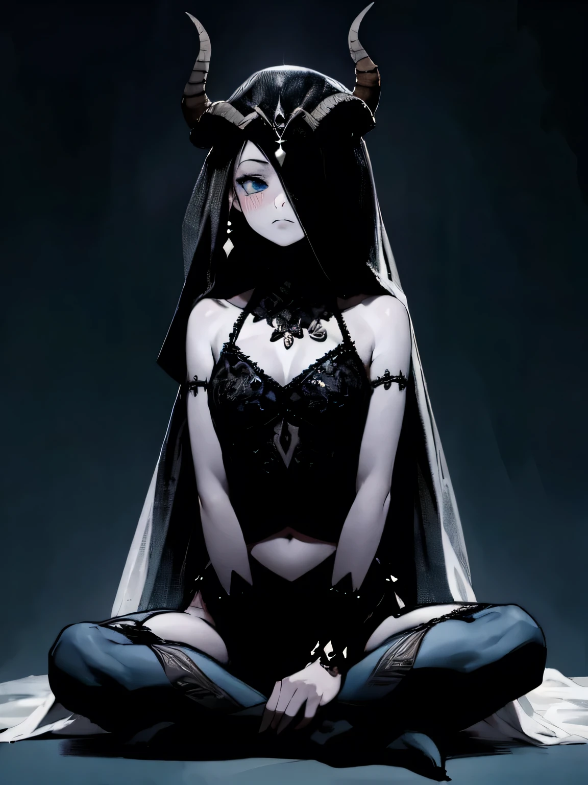  1 girl, sitting indian style, monster girl ,  demon girl, horn,   blue background ,Bangs hide the face, (Veil on face:1.3),  pelvic curtains,   Garter Straps ,( manga style),(sketch),(illustration),