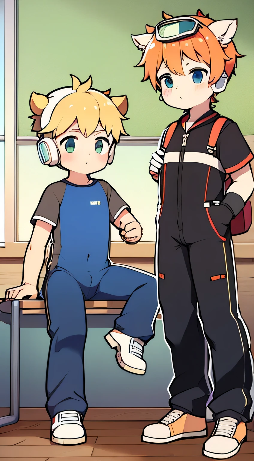 2D Shonen Shota,One-piece mountaineering suit,Put the headphones on your head,permanent,goggles,trumpet,Cow ears,sports shoes,classroom