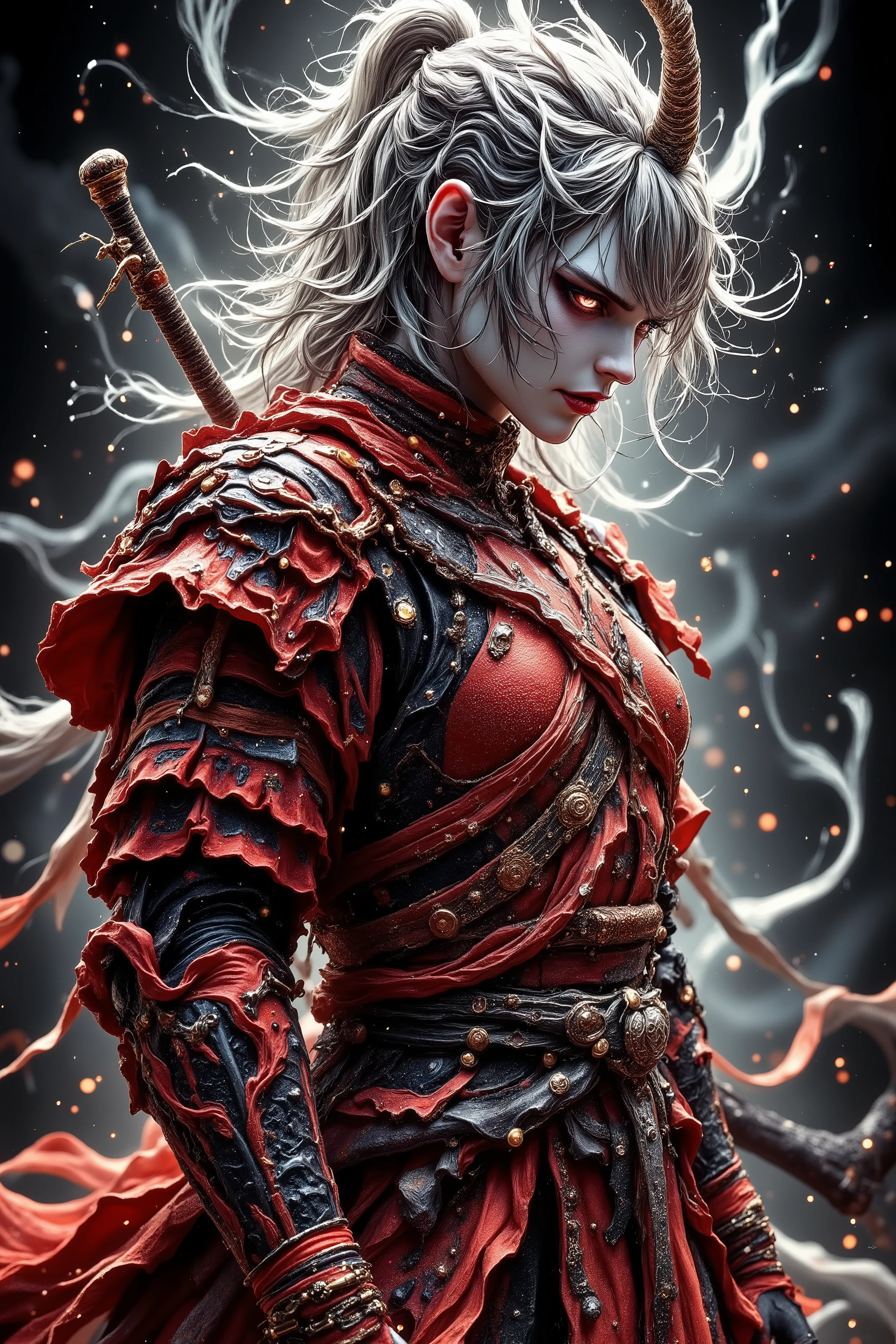 sumi ink painting. the samurai demon king. wearing red and black armor. Dynamic Pose. Ultra-fast movement. Slashes that are too fast. Super low angle. nightcore, dark and chaotic. Intense energy, dramatic contrasts.