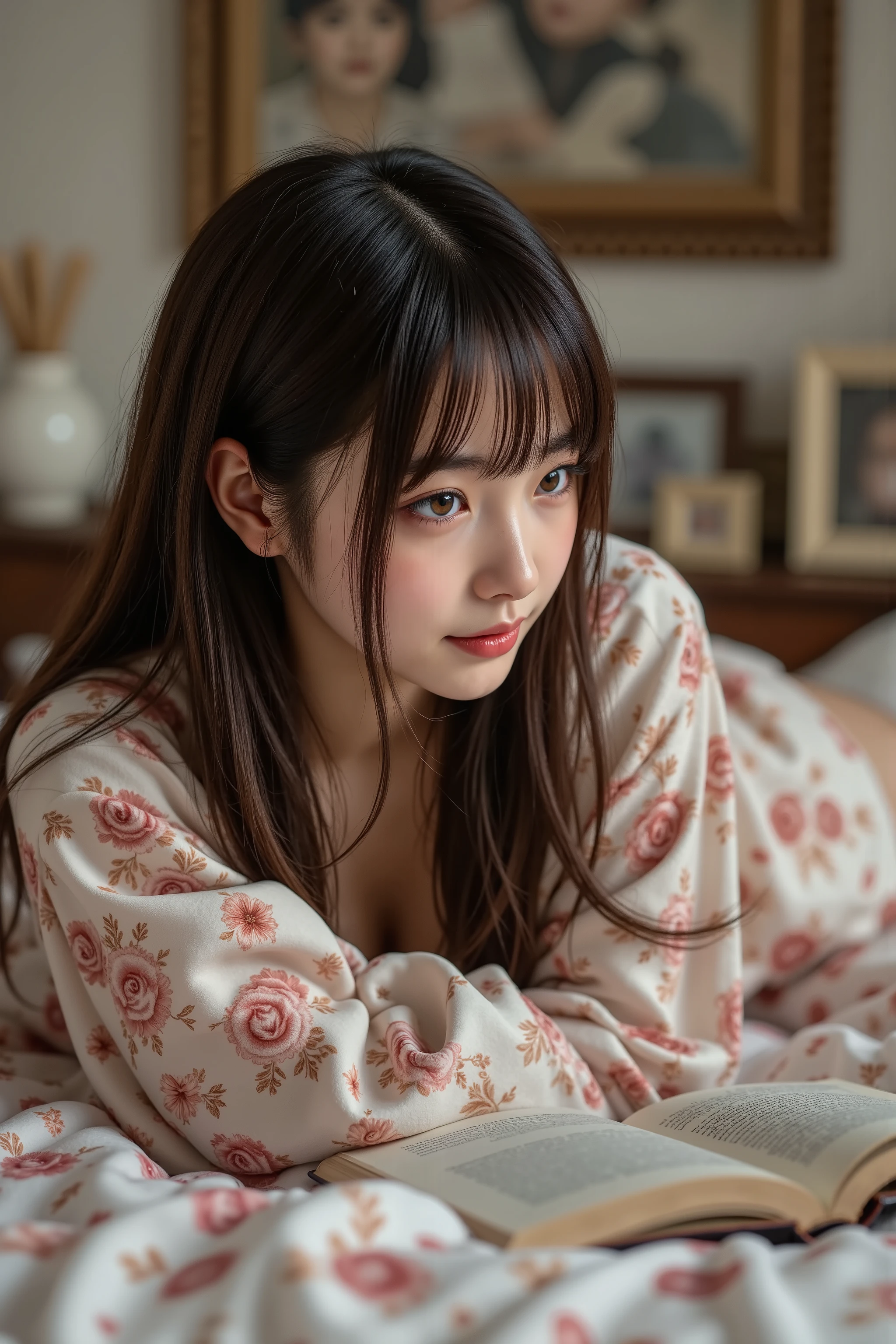 throw, Viewers Looking Down at Her , ( and sees the viewer's crotch bulge in the bottom corner of the frame:1.4), ( 1 girl,nice, cute,,Seductive,Elegant, beautiful, Fine grain , detailed lips , very detailed顔,Ron Eye, eyelashes, lying on your stomach as posted in the book ,turned back,( wearing tiny, tight, revealing pajamas , Intricate Patterned Floral Cotton Panties , The outline of the vagina print is visible:1.4, beautiful curvature of her derriere, Recently Got Feminine Curves:1.2),( provocative,Suggestive,bully:1.3),(She is staring at his bulging crotch., Reach for it:1.4), she knows he's excited ,(Biting his lip),( she's ripping off her clothes to show him she's excited too, She wants him, she knows she shouldn't do it but 、 can't ignore the tingling sensation in her crotch , her panties are damp :1.3), Bedtime,Dad,mature themes, sensual, erotic,Carp, blanking, photorealistic,4K, high quality, very detailed, cinematic lights,dramatic,Cool tones), Luxurious headboard, Modern Bedroom, Colorful quilts, Family photos on the wall