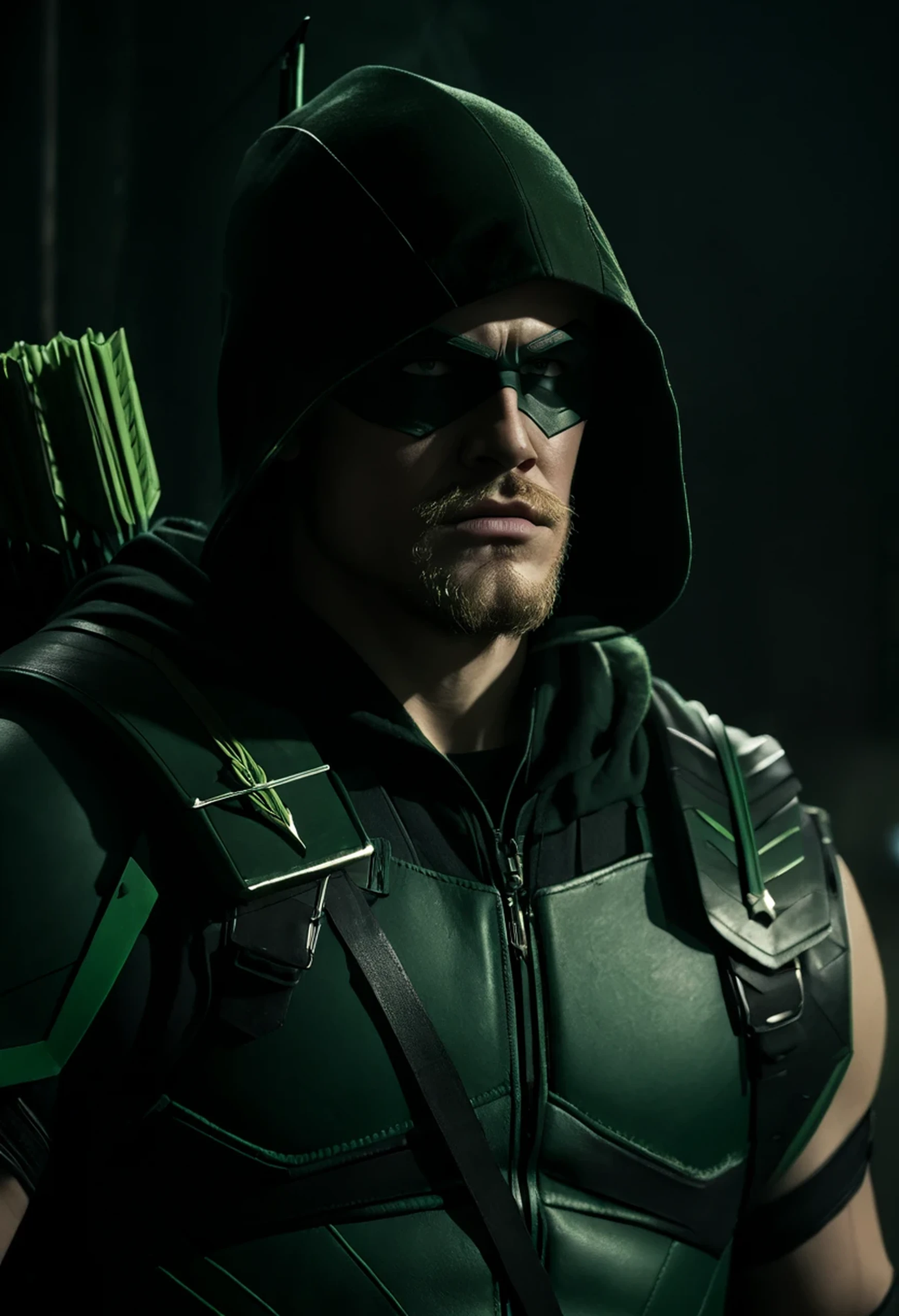 A cinematic image of harry goodwins as Green Arrow live action