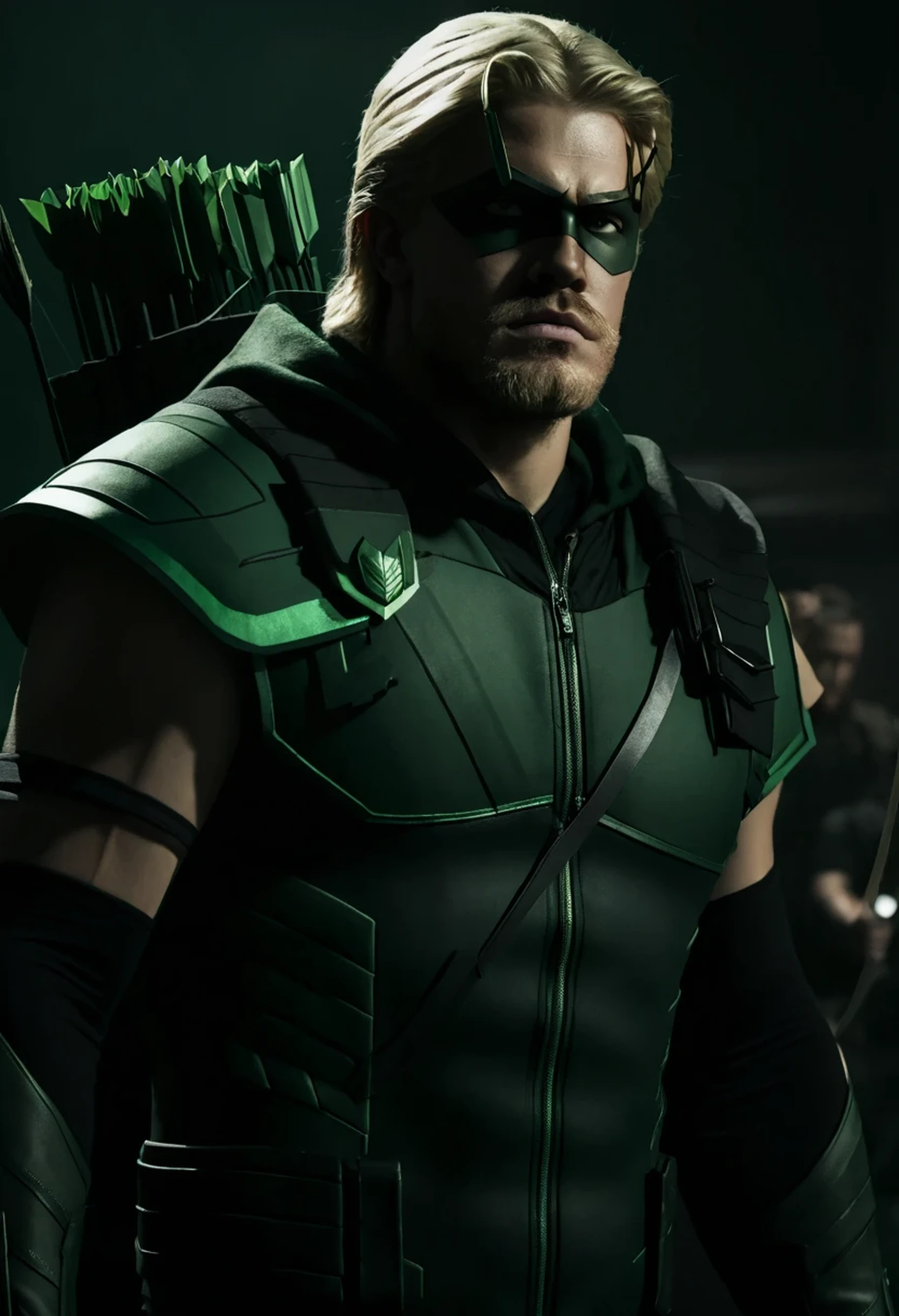 A cinematic image of harry goodwins as Green Arrow live action