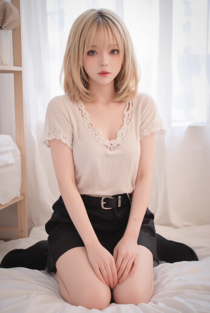 Japanese blonde bob hair beauty。In a quiet Japanese town at lunchtime、She is。She is wearing a clean white lace outfit.。The legs exposed from the shorts are sexy.。