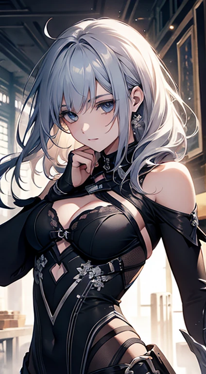 young girl, short gray hair, cat ears, high ponytail, violet eyes, Black leather tight top, white puffy sleeves, black skirt, pantyhouse, turquoise cloak, open breasts, Masterpiece, hiquality