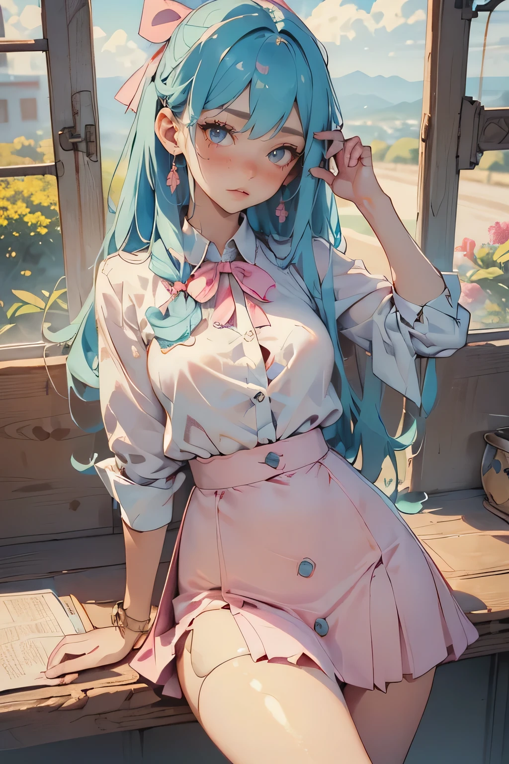 Anime girl with blue hair sitting on a window sill - SeaArt AI