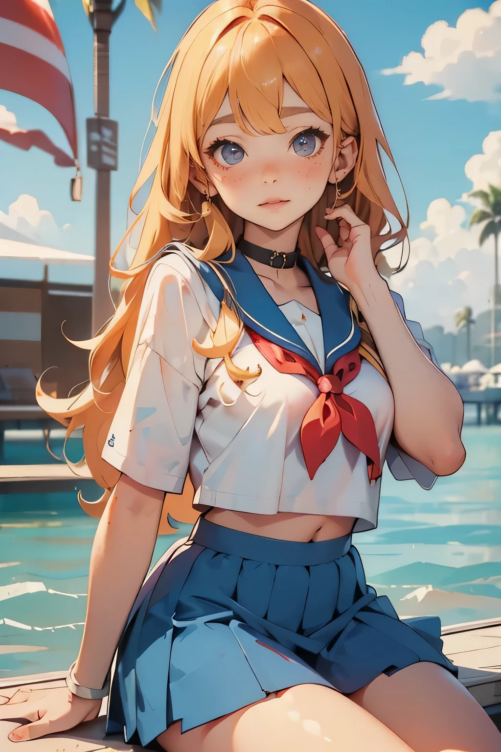 High Girl in Sailor Suit ,Gesture to put long hair together in the back, cute freckles , Mole under left eye,