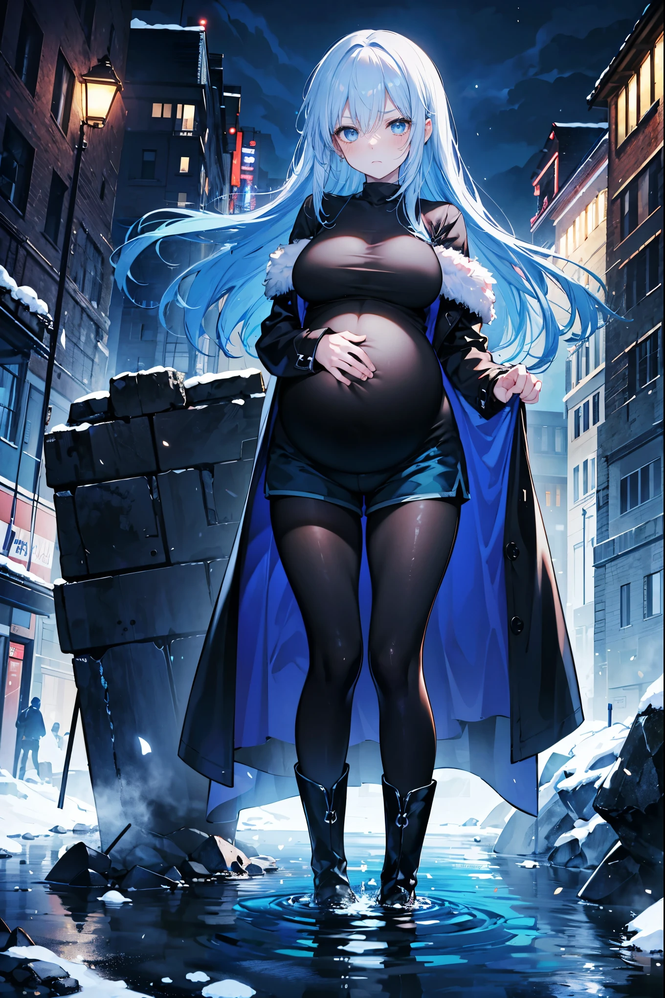 High Resolution, Masterpiece, 4K, snowy riverside, night, 1girl, blue hair, long hair, blue eyes, medium breasts, blue combat coat, black shirt, blue shorts, black leggings, black boots, looking at viewer, arms behind back, pregnant, angry expression, standing in water
