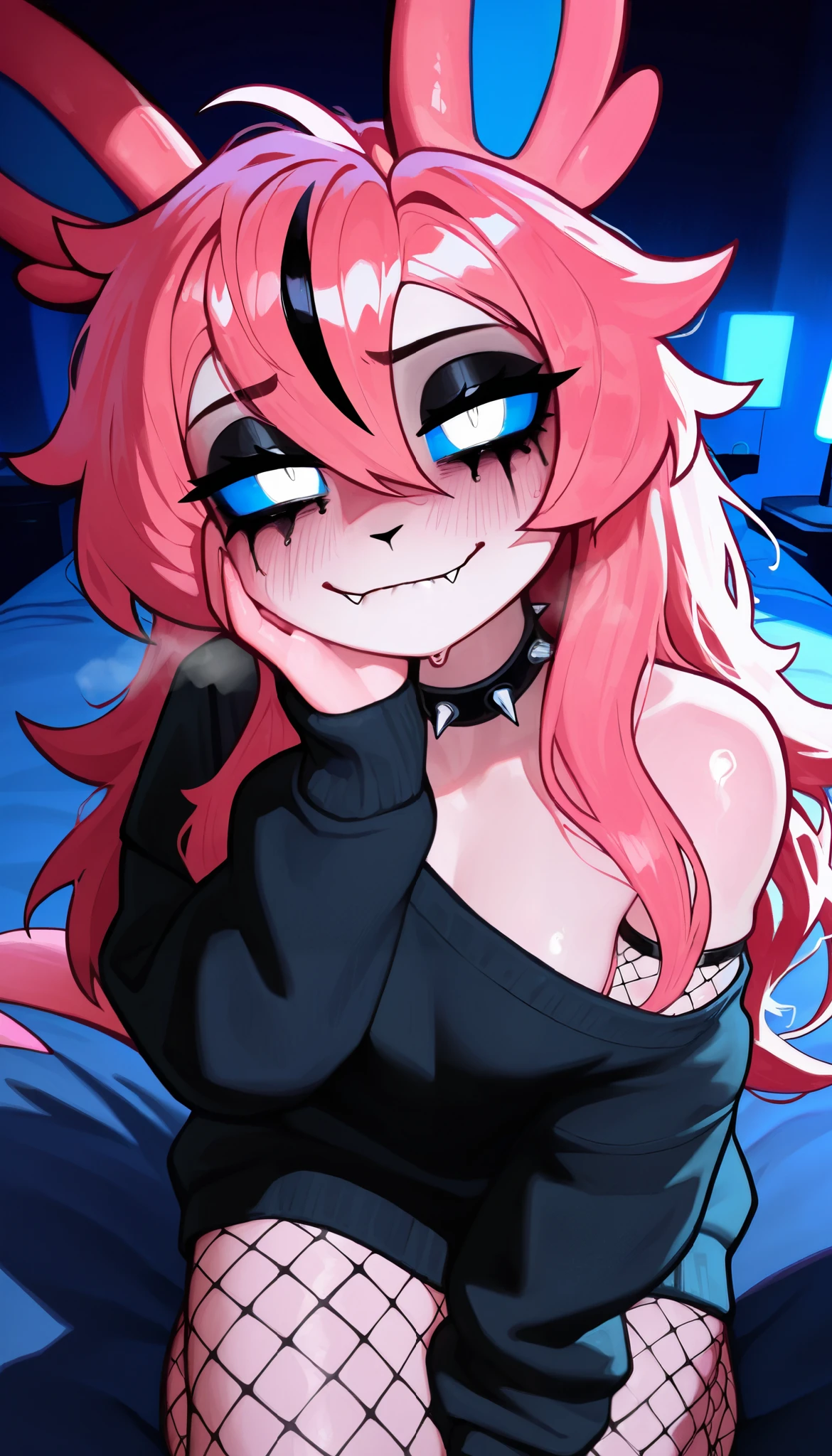 1girl, Sylveon \(pokemon\), pokemon \(creature\), Sylveon, Sylveon tail, Sylveon ears, furry female, white fur, cyan sclera, white eyes, fangs, biting lip, half-closed eyes, closed mouth, nervous smile, looking at the viewer, heavy breathing, tail, breasts, black sweater, oversized clothes, baggy shirt, spiked choker, single off shoulder, close-up, upper body, female focus, 1boy, light skin, human, contrast lighting, side lighting, masterpiece, best quality, newest, absurdres, highres, amazing quality, very aesthetic, bedroom setting, long hair, pink hair (black highlights), messy hair, pov, from above, kneeling, over bed, tired eyes, shy, depressed, black eyeshadow, emo girl, hand on cheek, fishnet armwear, spiked wristband, fishnet stockings, shy, nervous, mascara tears, head tilt
