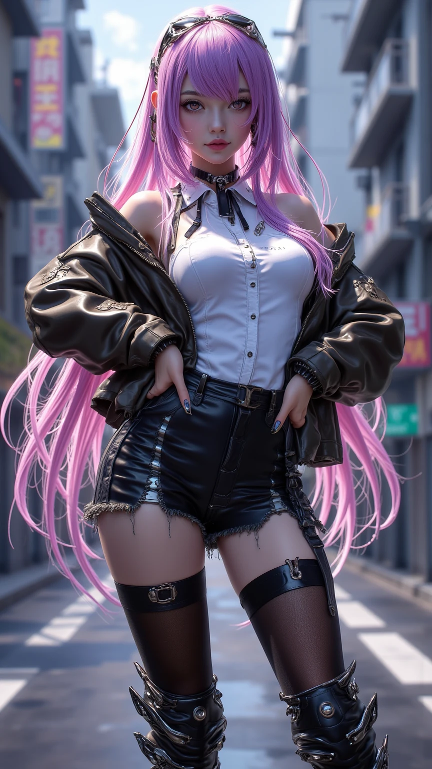 1girl,solo,medium breasts,outdoors,<lora:GoodHands-beta2:1>,squatting cowgirl position,(full body:1.2),(thigh gap:1.2),(masterpiece, best quality, hires, high resolution:1.2), (extremely detailed, realistic, intricate details, highres), 3d, cg, bbw, shiny skin, , blush,, eyeliner, eyeshadow, eyelashes,, (gigantic breasts, saggy breasts:1.1), (cinematic lighting, sunlight, volumetric), looking at viewer, simple Redhead background, vintage fantasy, 1960s \(style\), film grain, <lora:0192 Nikke Uni_v1:0.9> ruanyi0192,belt,black choker,black shorts,hair ornament,harness,platform footwear,single leg pantyhose,thigh strap,pink necktie,pink ribbon,thighhighs,white shirt