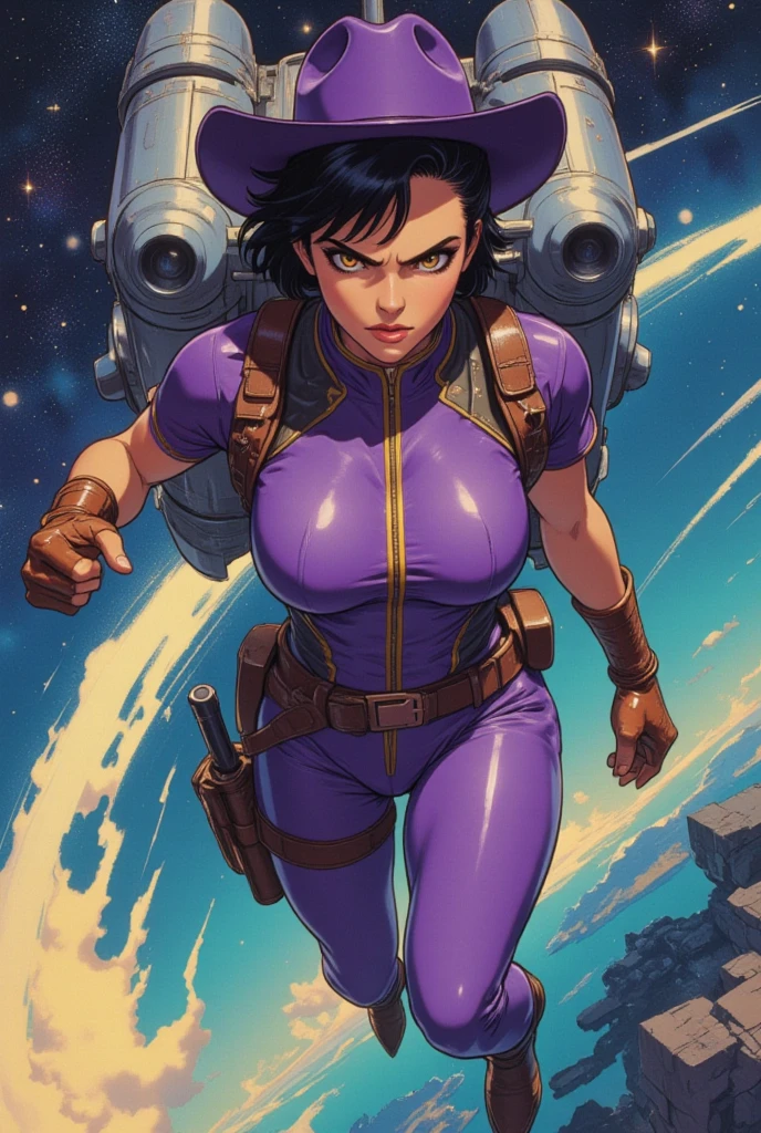 Yoko Tsuno, black short hair, white and purple bodysuit, beige hairband, trapped in a Sonic game, bumpers, ((golden rings)), ultra detailed, ultra high res, masterpiece, crystal clear, sharp focus, science fiction, <lora:yoko_tsuno-10:0.9>